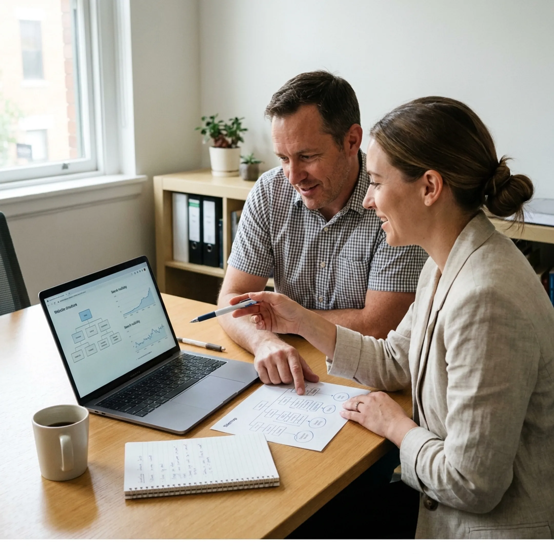 Small business owner reviewing an SEO improvement plan with a consultant