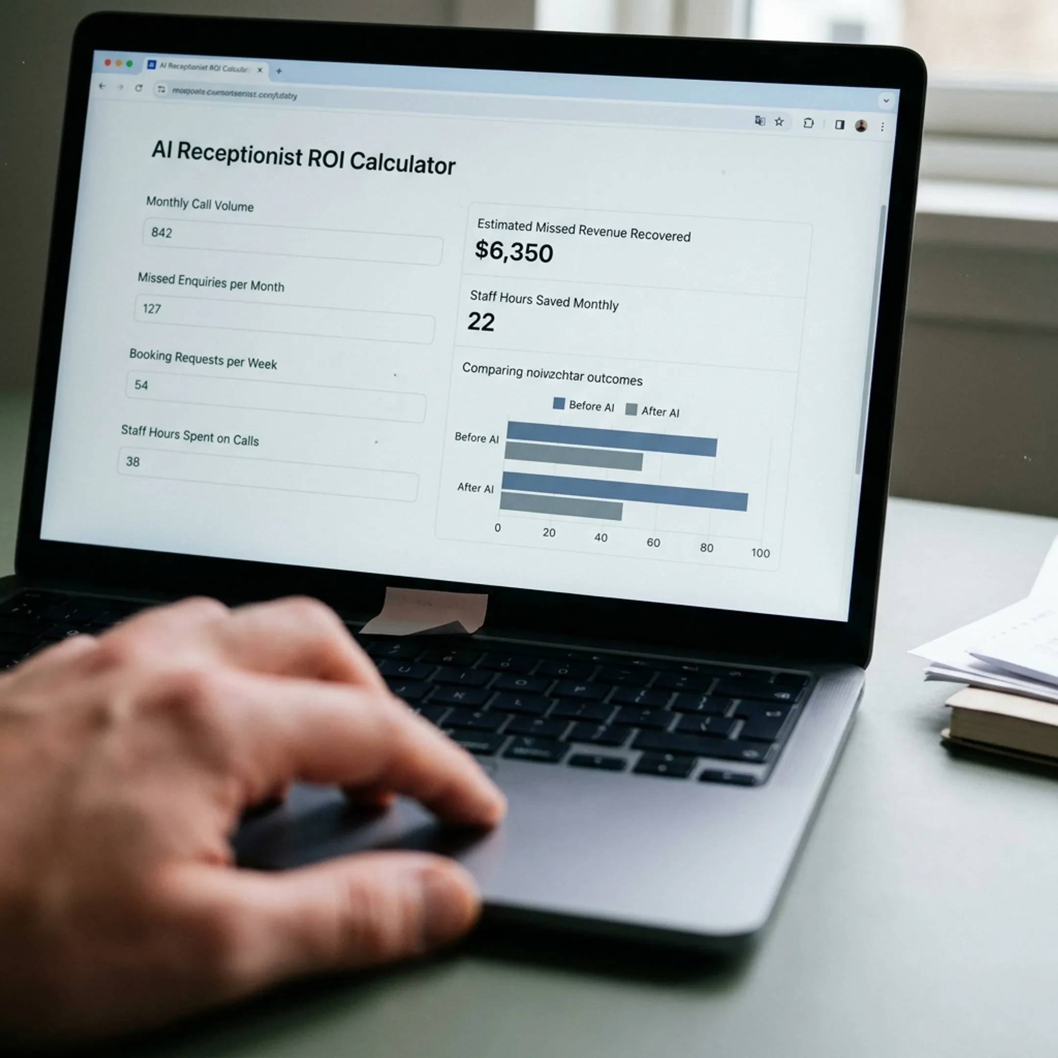 AI receptionist ROI calculator showing call and booking inputs