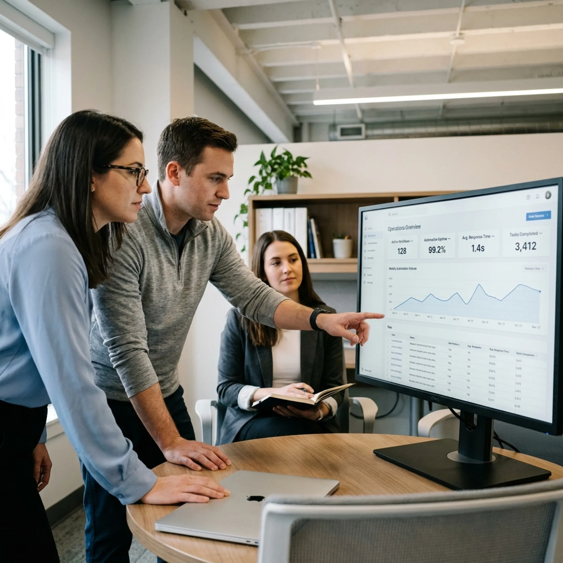 Team reviewing a business intelligence dashboard with performance metrics and data visualizations