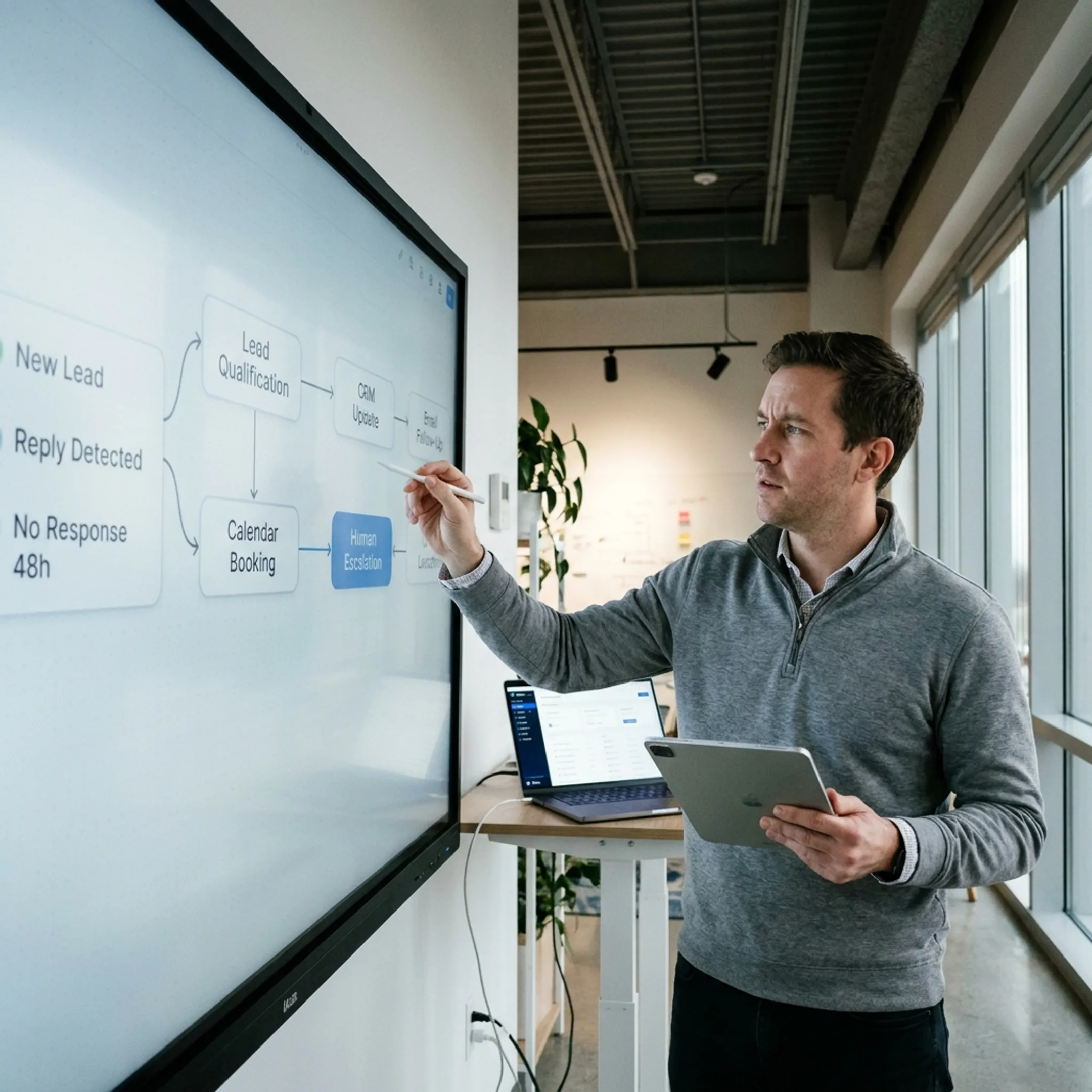 Consultant mapping sales automation workflows across CRM and communication tools