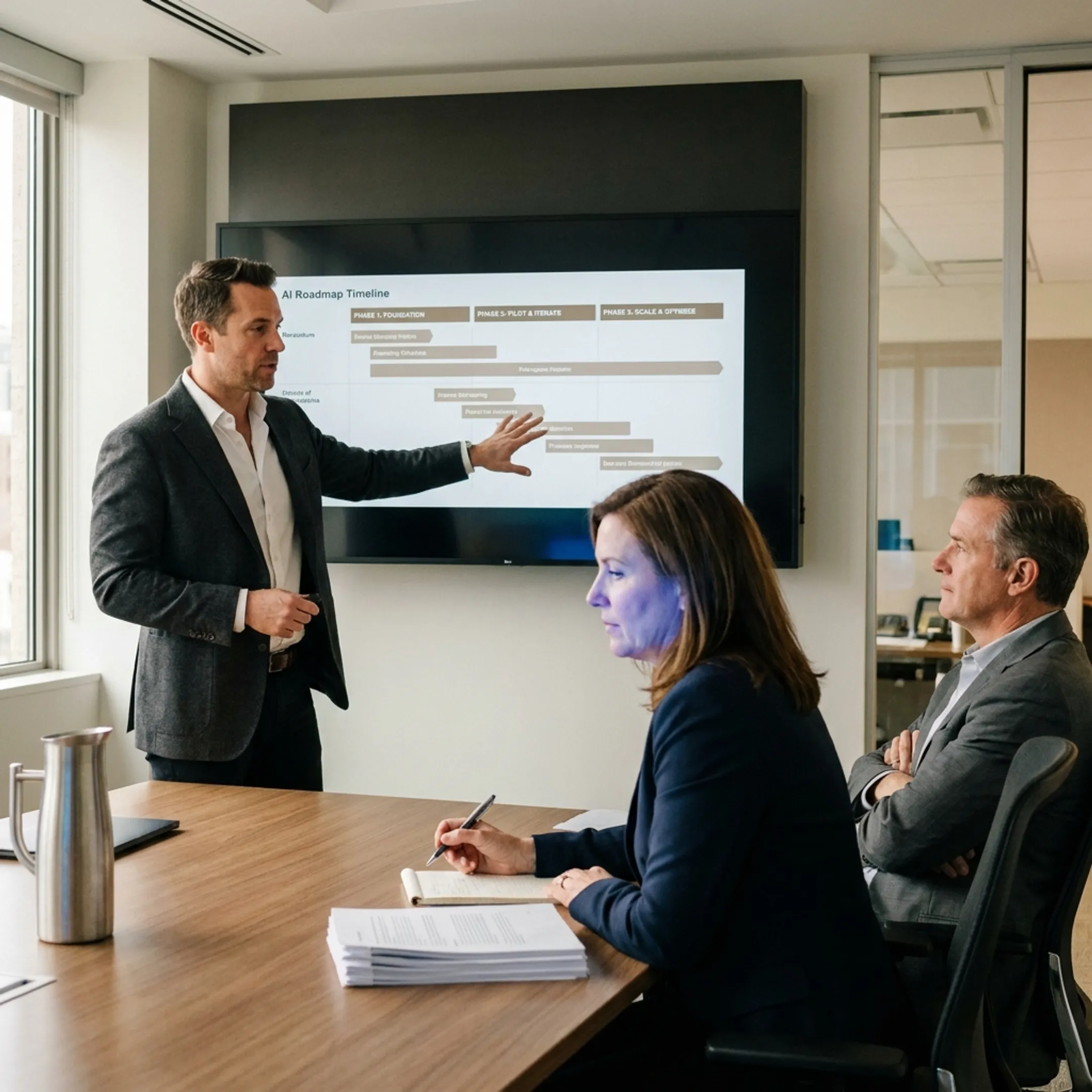 Consultant presenting an AI readiness assessment roadmap to business leaders