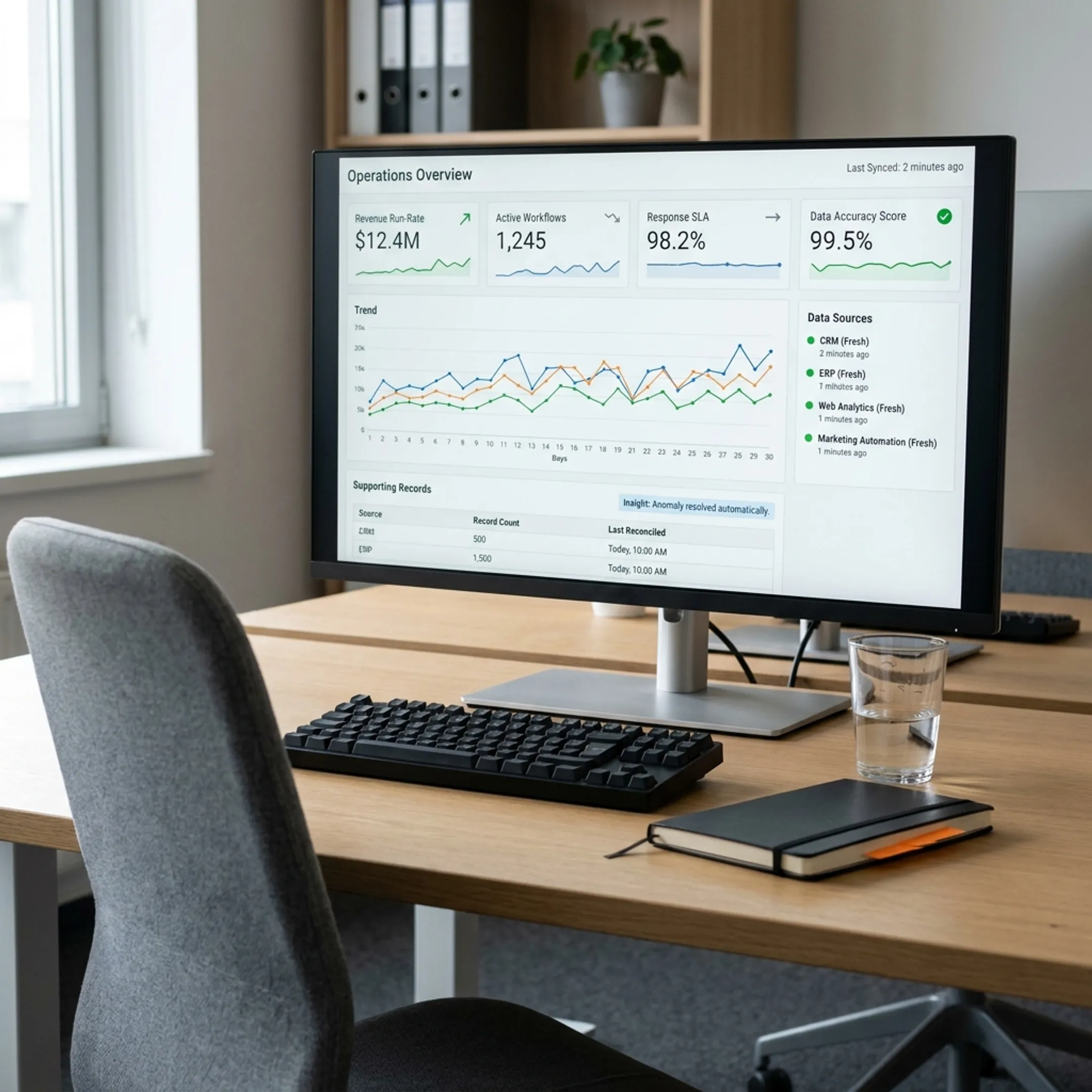 Integrated business intelligence dashboard showing connected records and operational KPIs