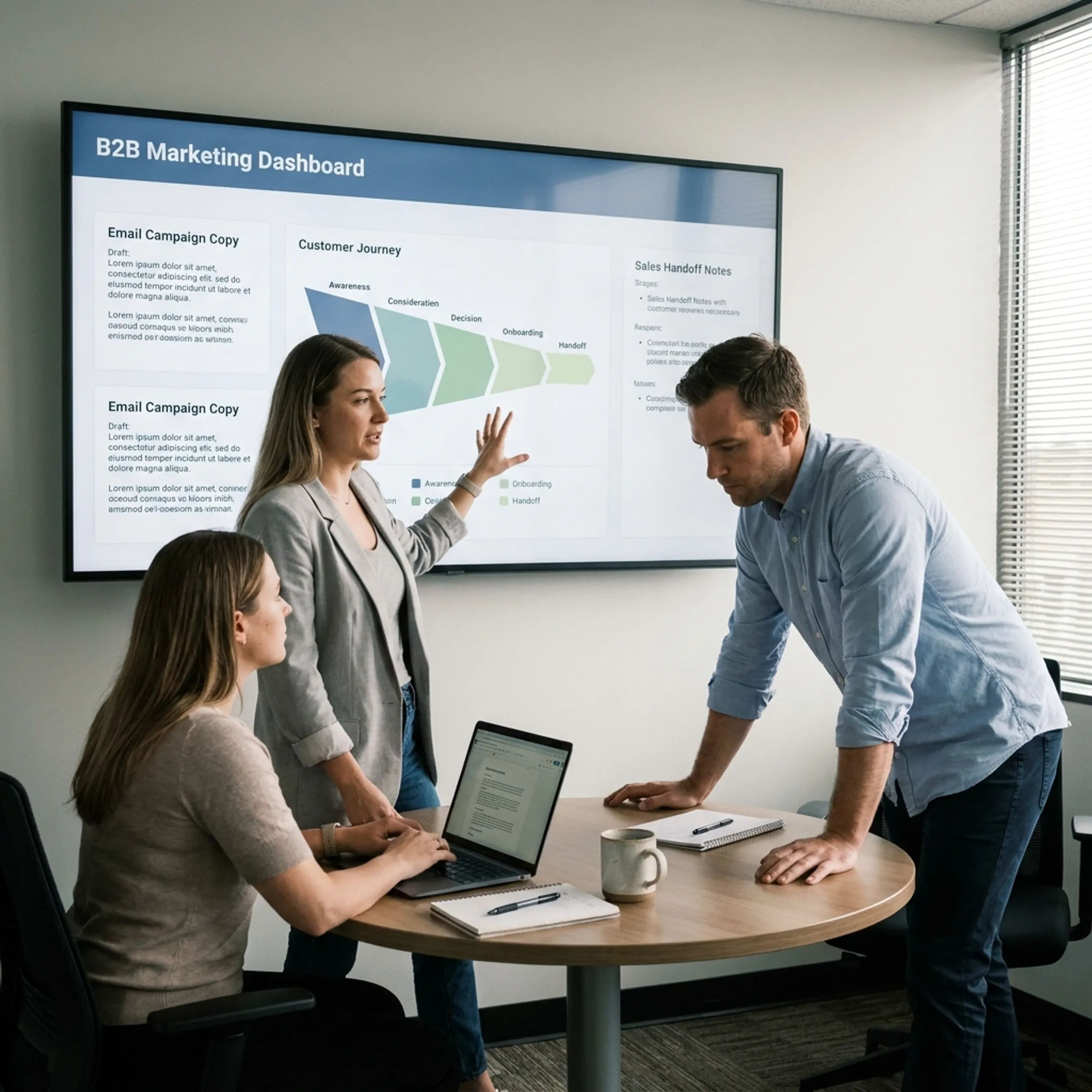 B2B email campaign draft reviewed alongside customer journey and sales handoff notes