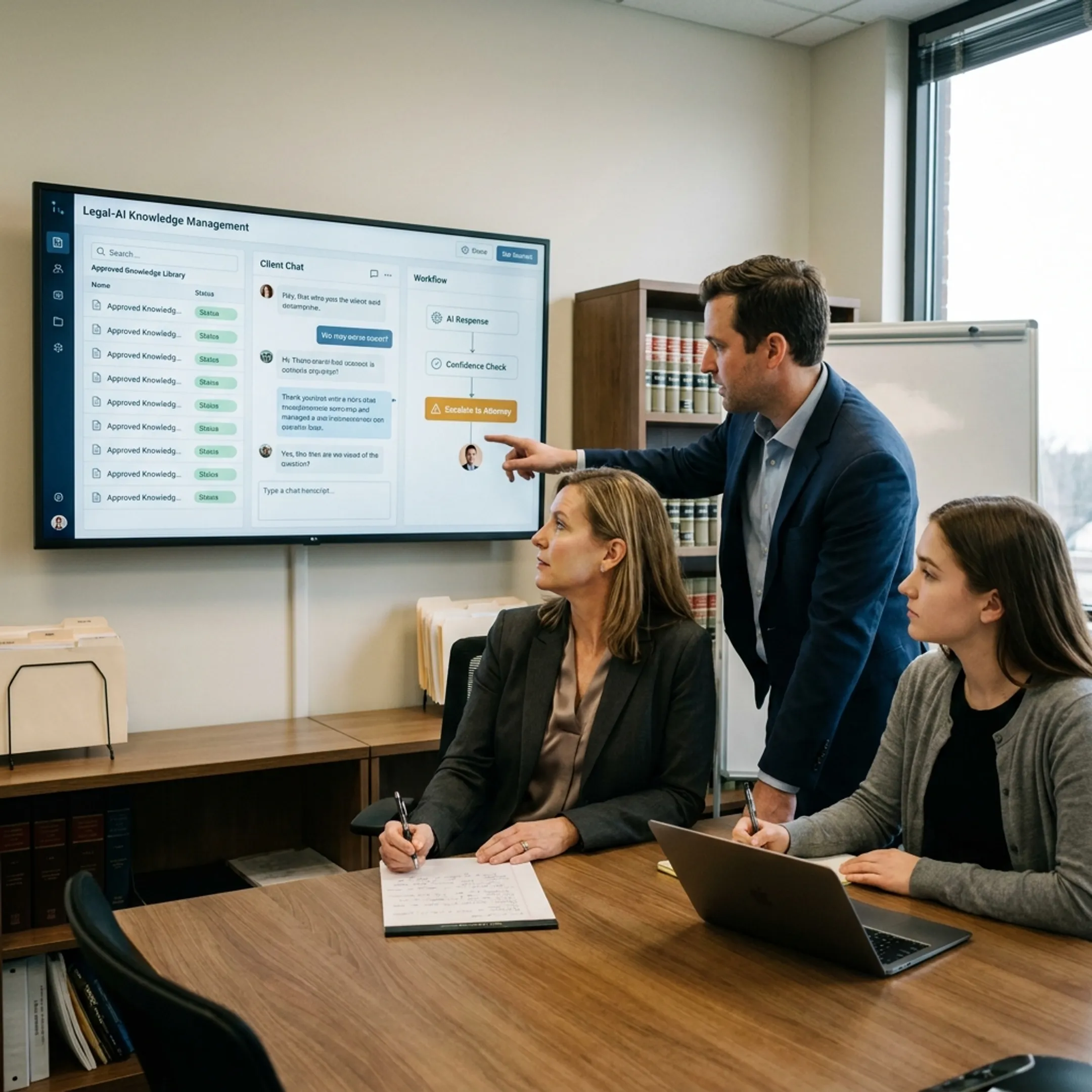 Law firm team reviewing chatbot knowledge sources and escalation rules