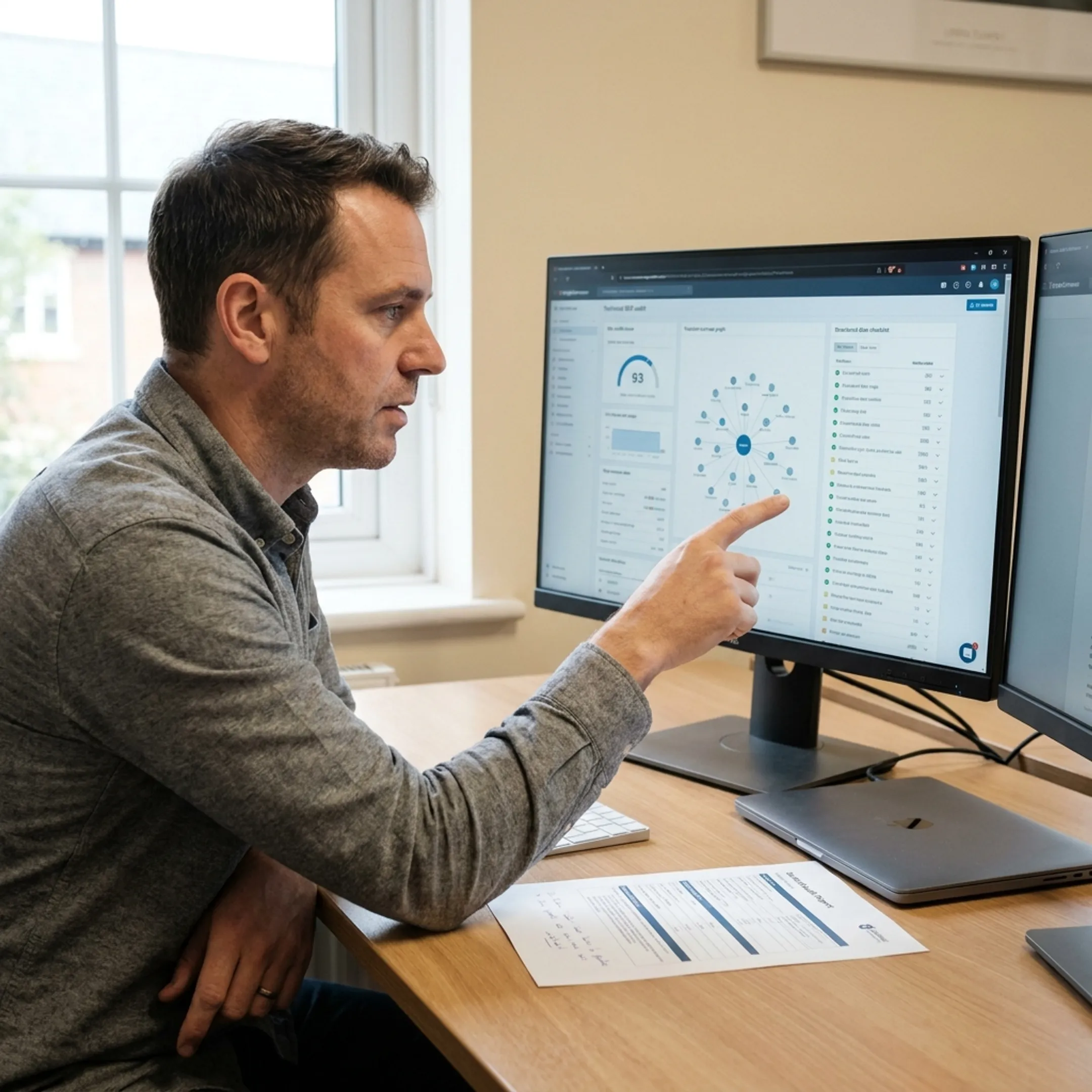 Consultant reviewing technical SEO findings and service page improvements