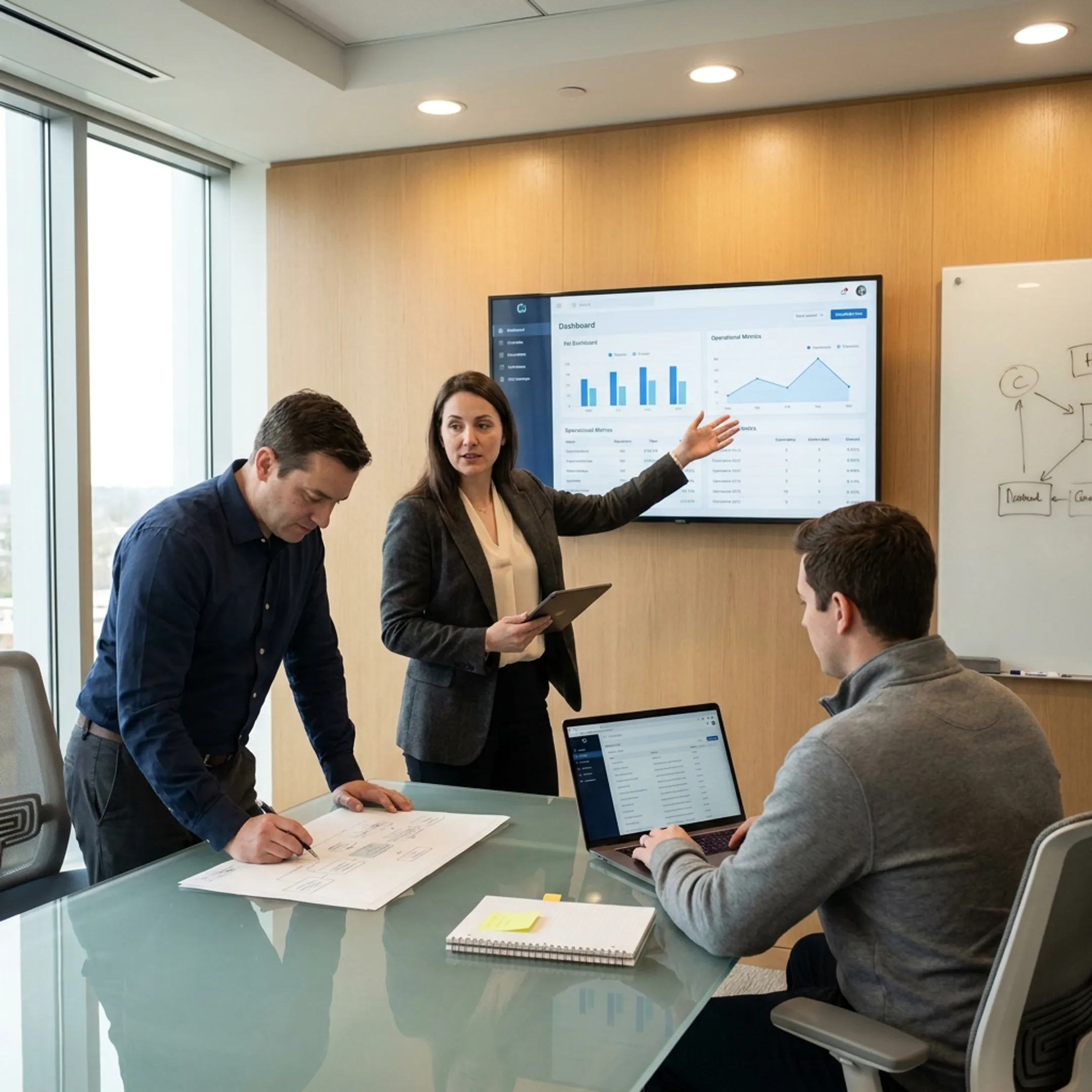 Team discussing machine learning opportunities beside business performance dashboards