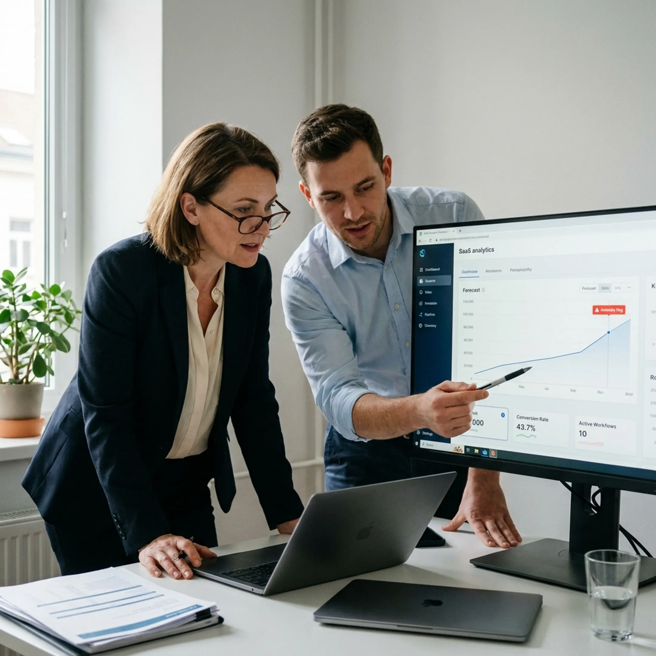 Business leader reviewing forecast charts and data insights with an analytics specialist