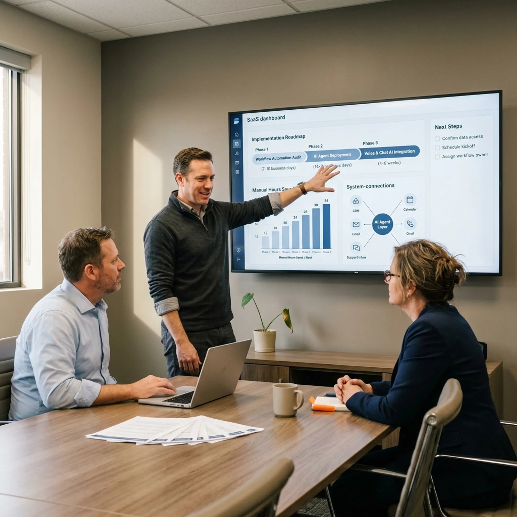 Consultant presenting a practical AI implementation roadmap to business leaders