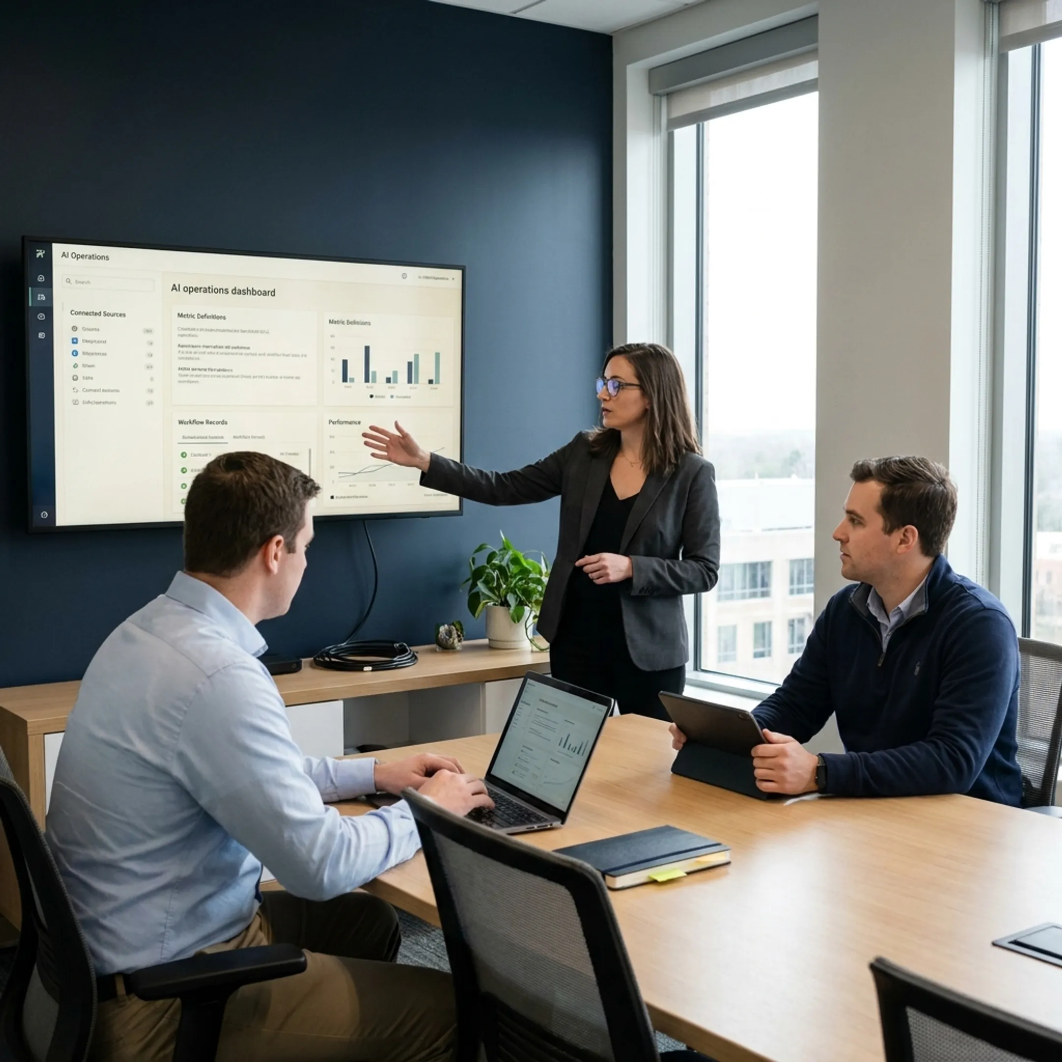 Team reviewing connected data sources and operational performance metrics