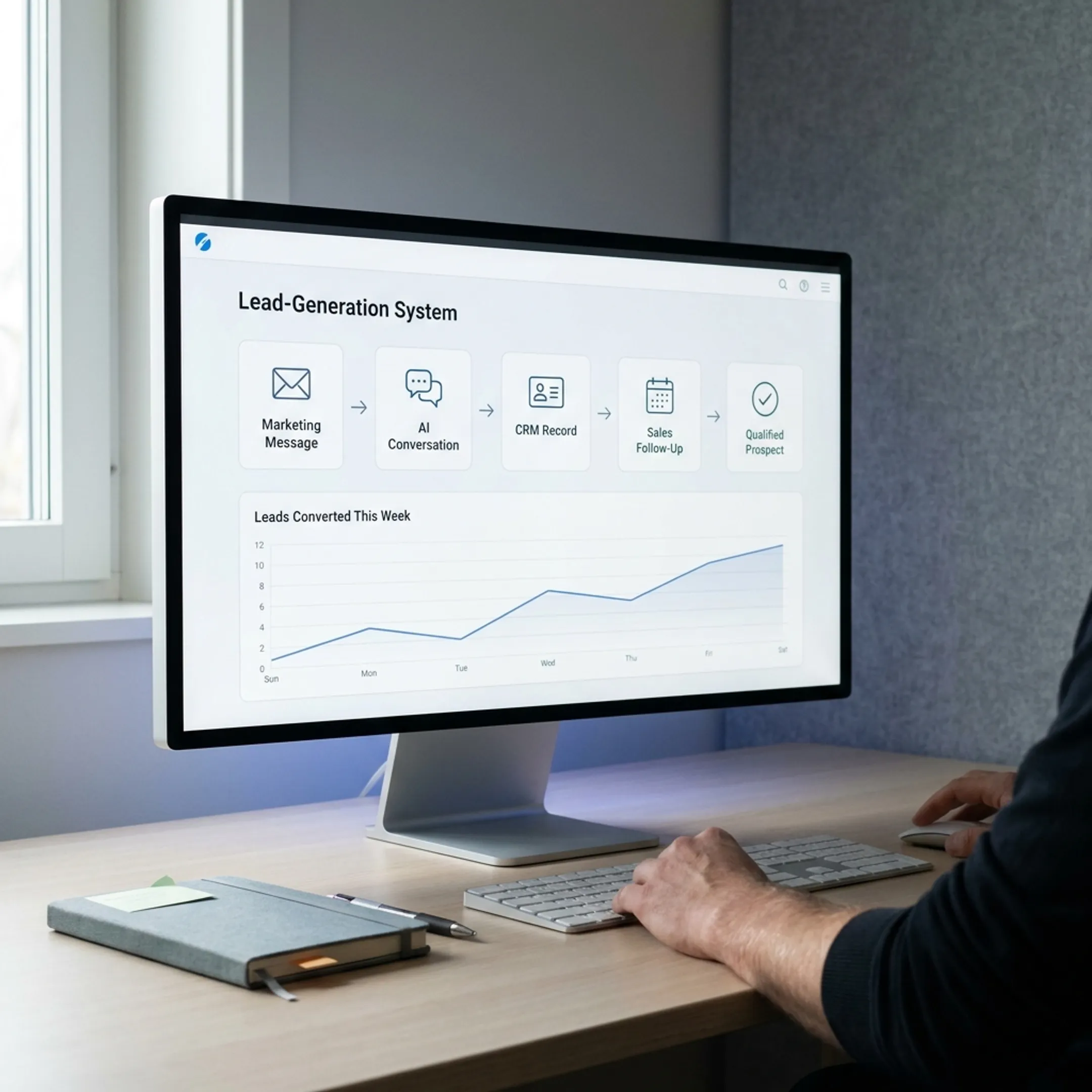 Connected lead generation workflow linking prospects, CRM, and sales team