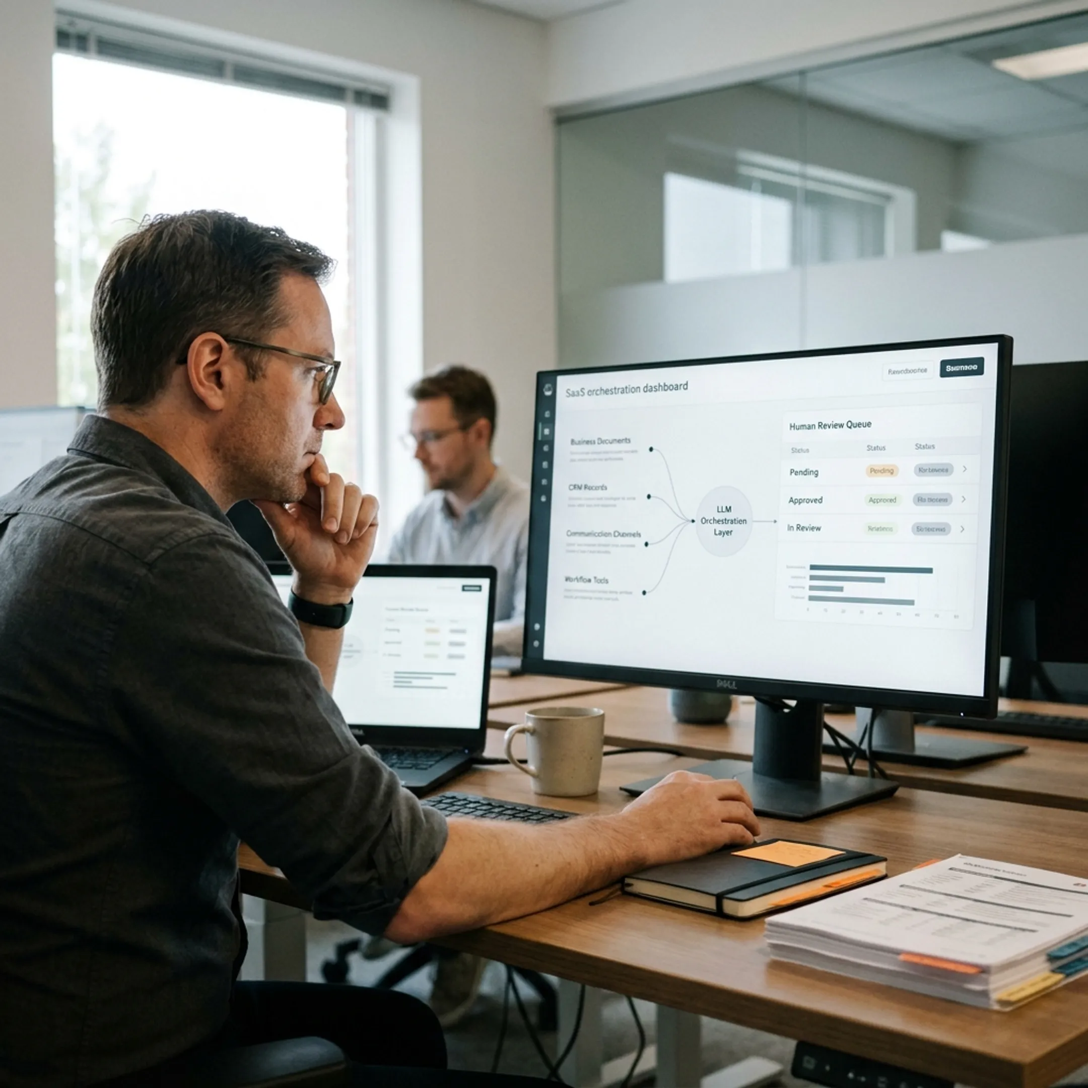 Custom LLM system connecting business knowledge, applications, and human review
