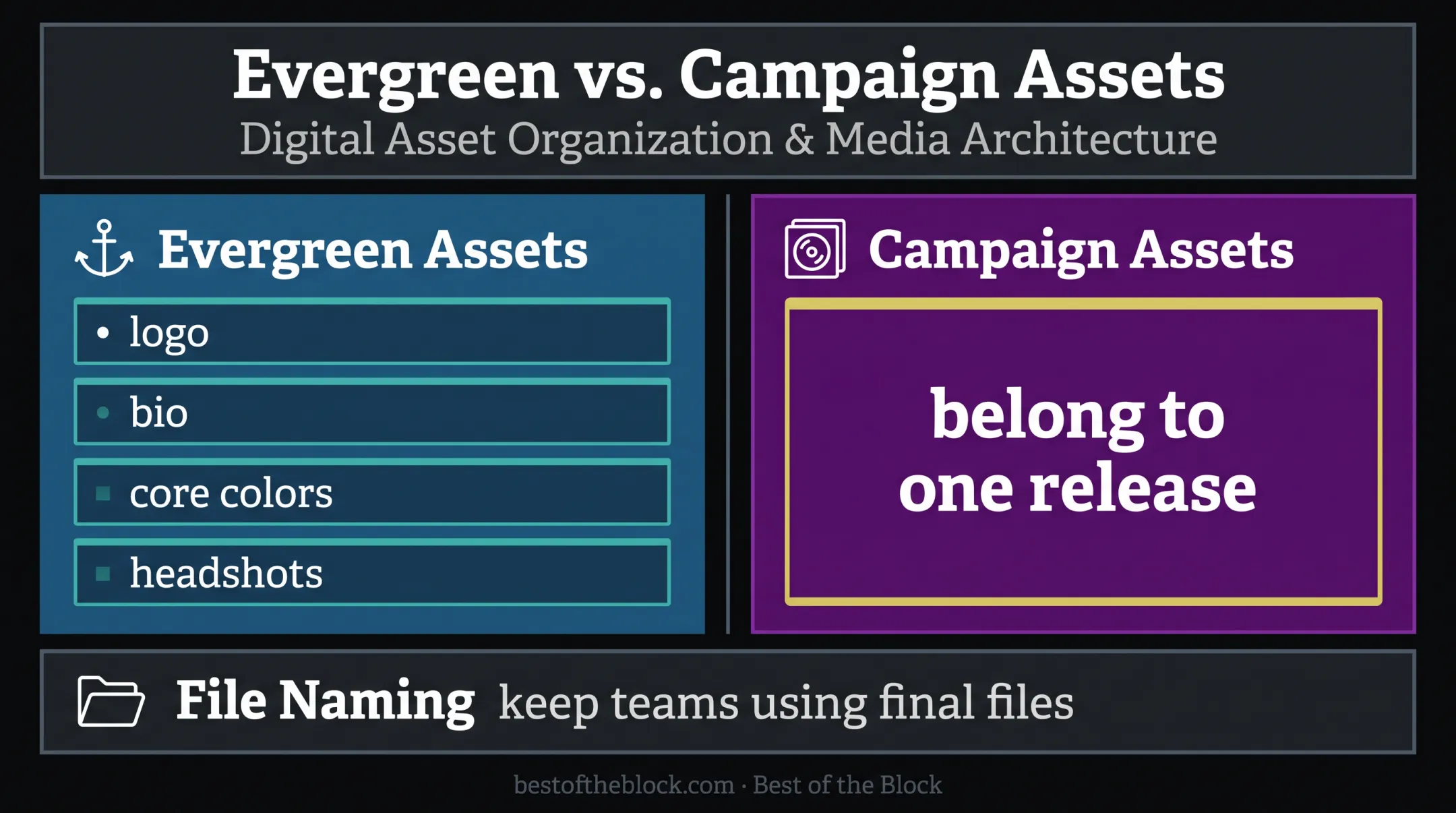 Evergreen and campaign artist brand assets comparison infographic
