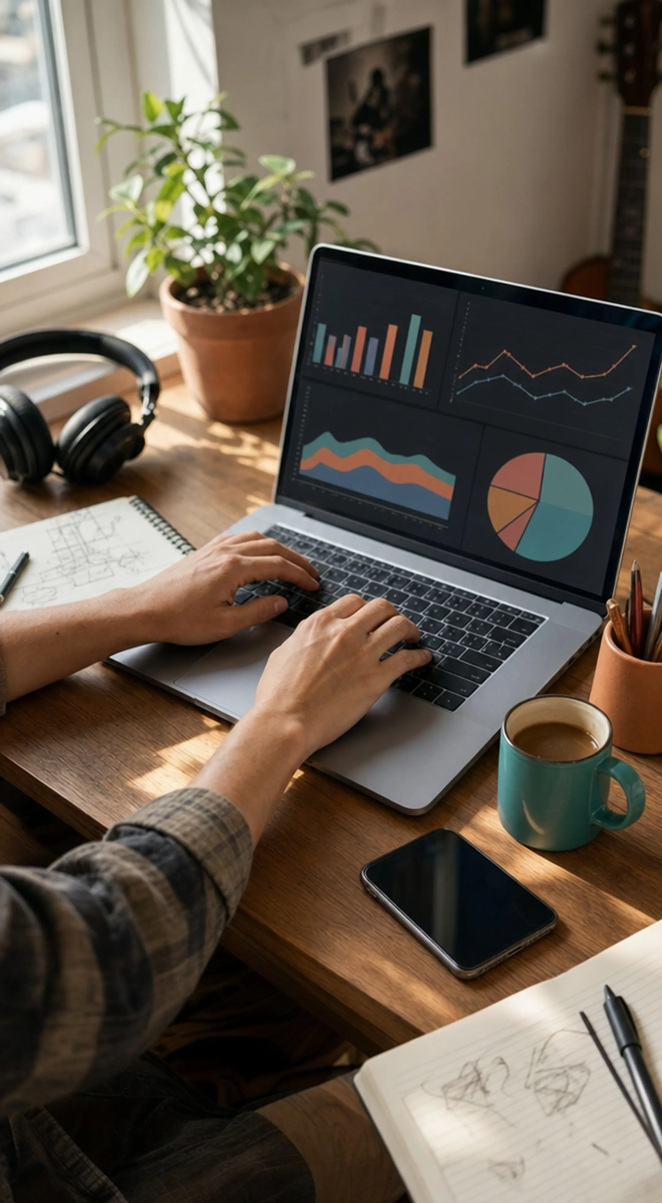 Musician reviewing social media analytics across multiple platforms