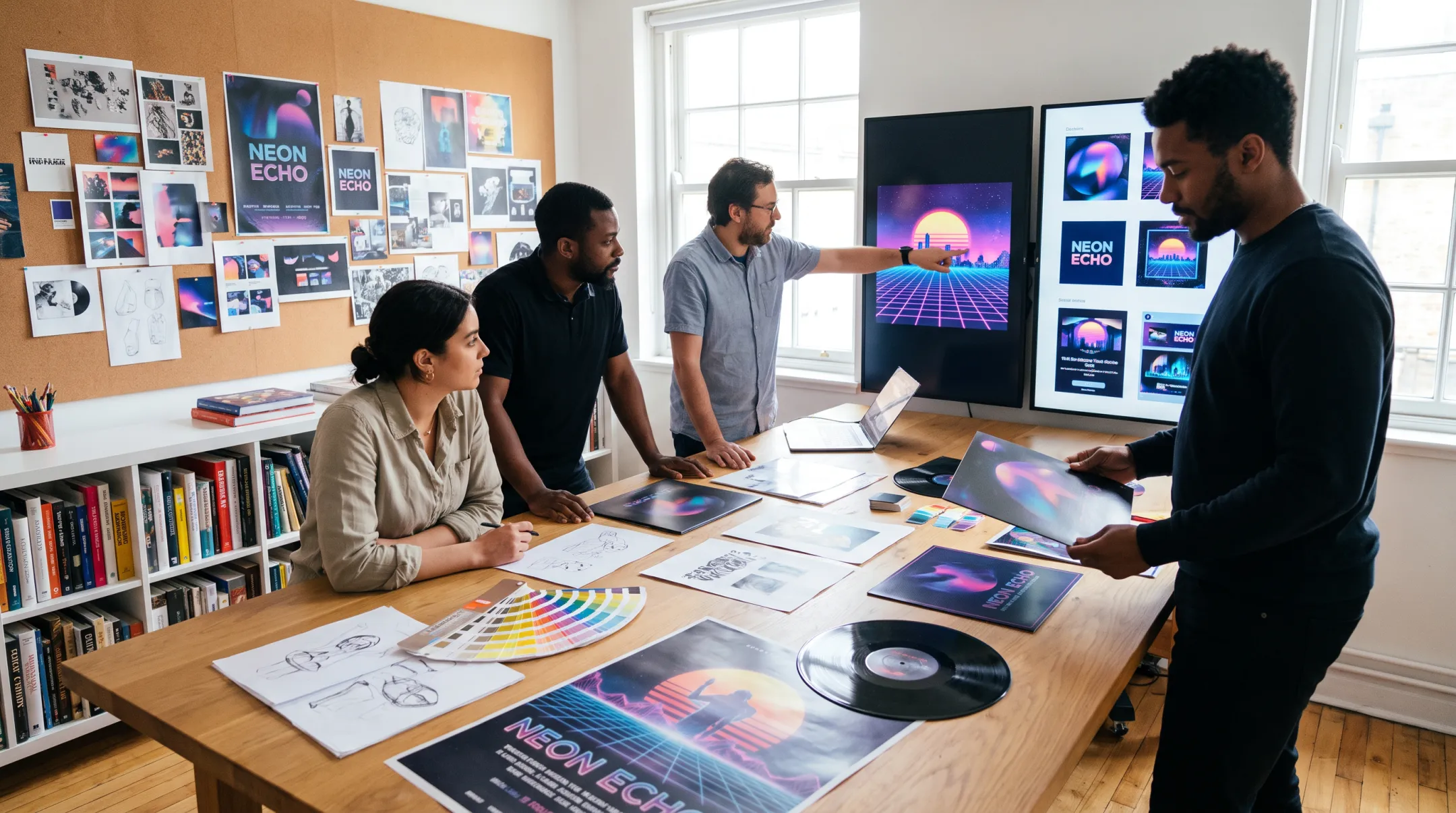 Company designer creating cohesive music cover artwork and promotional visuals