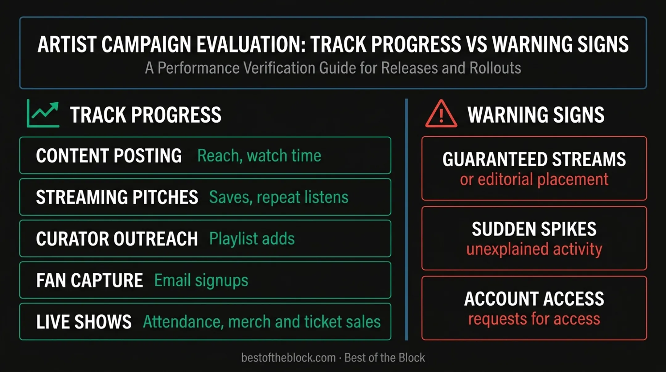 Music promotion metrics and artificial streaming warning signs infographic