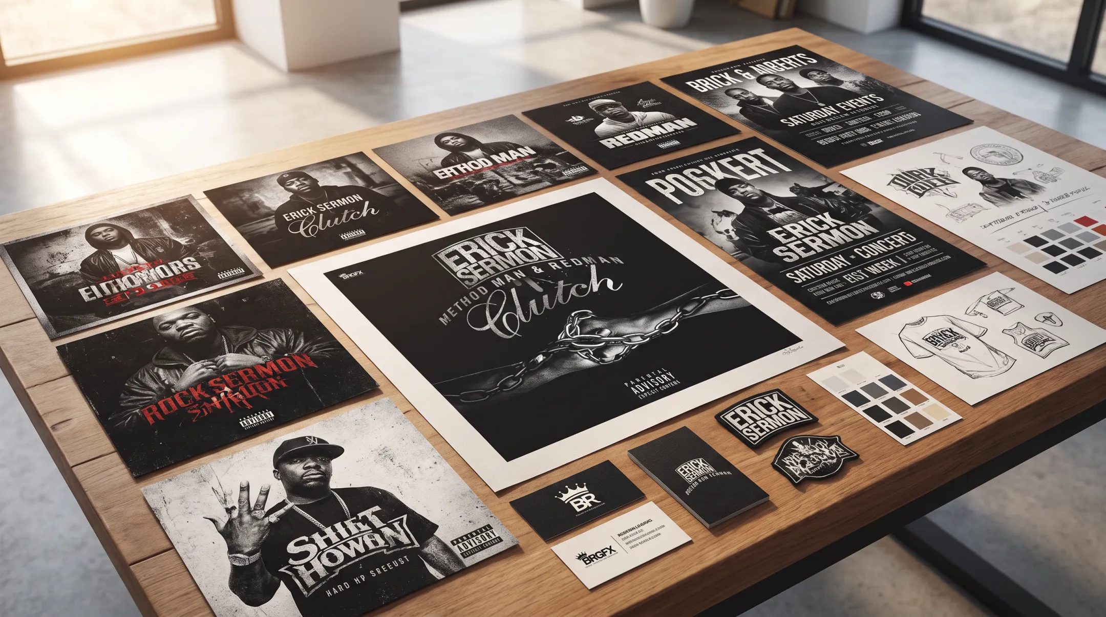 Record label creative portfolio showing album artwork posters and logos