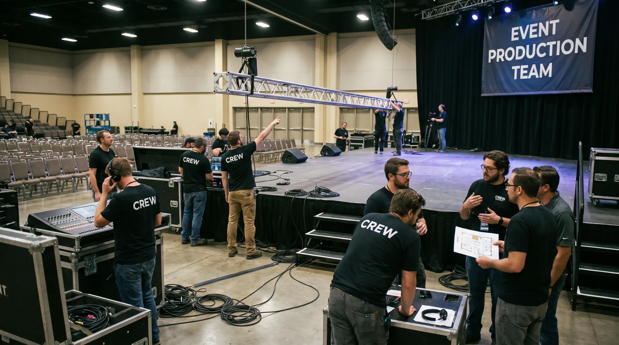 Event production team coordinating live concert stage setup backstage
