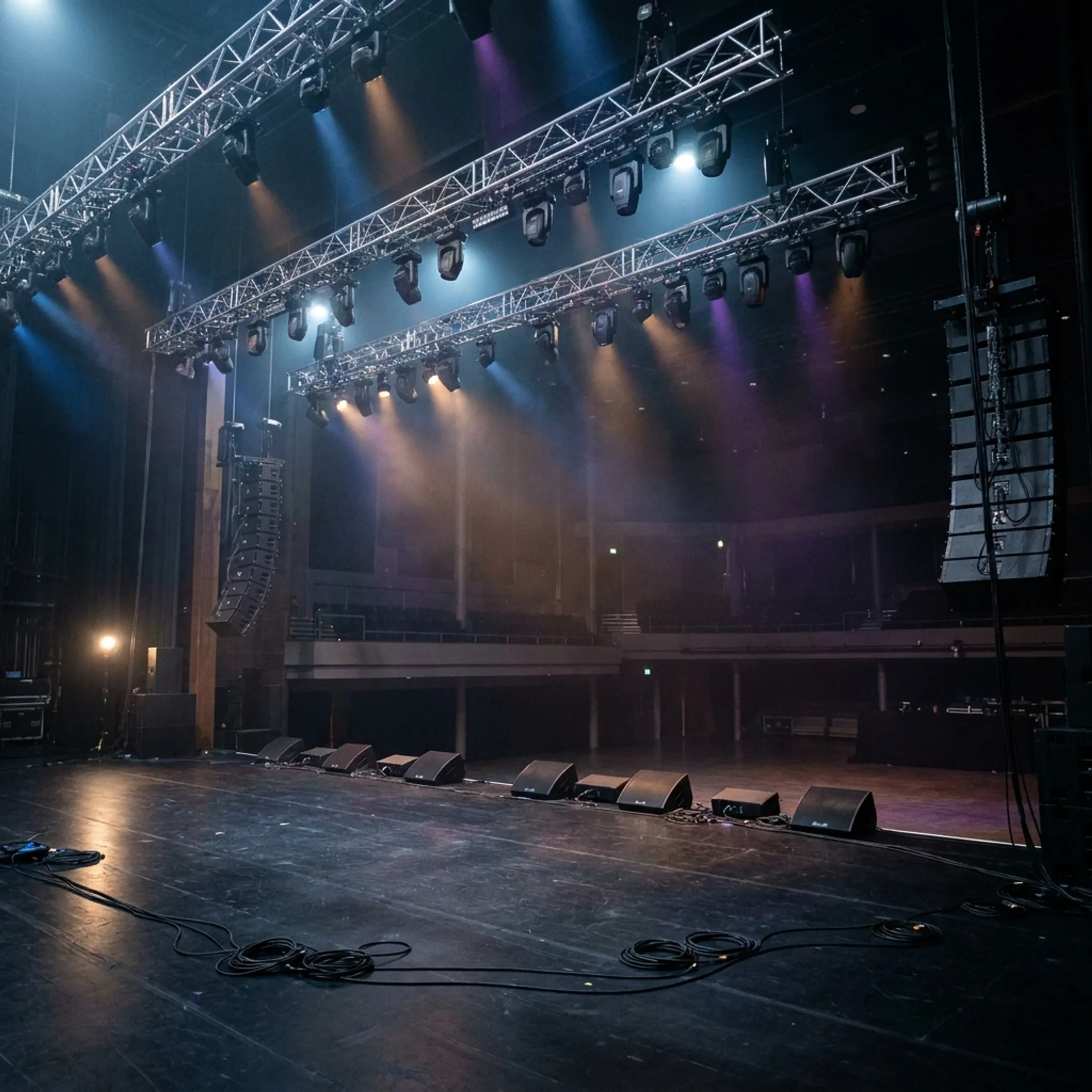 Live concert tour stage setup with professional lighting rigs and audio production equipment