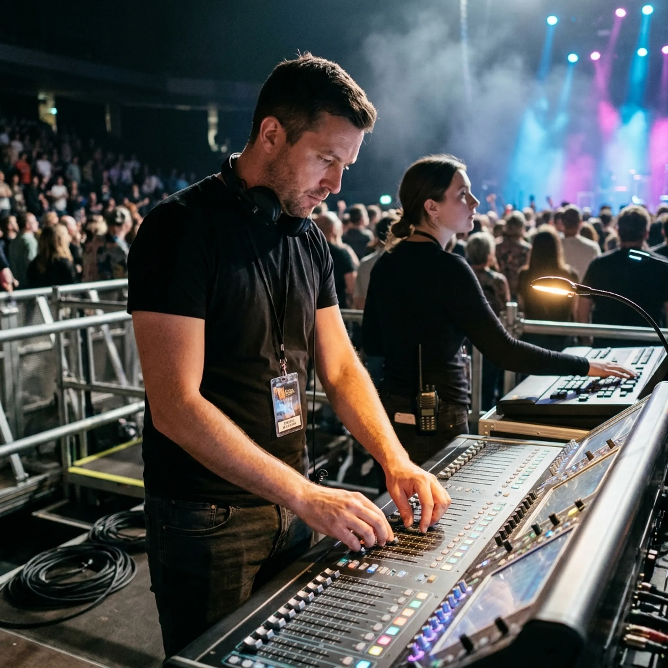 Production crew managing sound and lighting consoles at a live concert tour venue