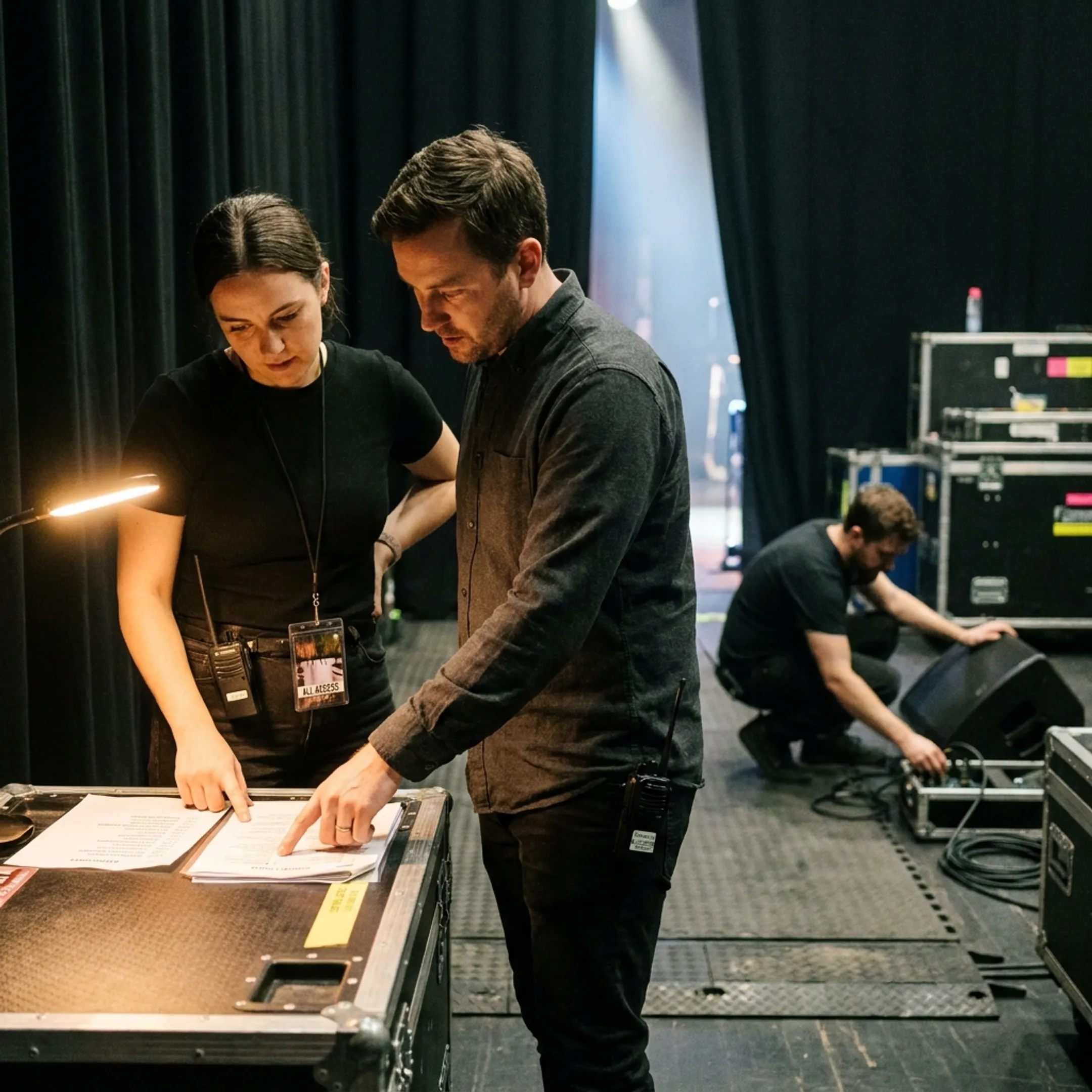 Concert event manager reviewing live performance production backstage with audio equipment