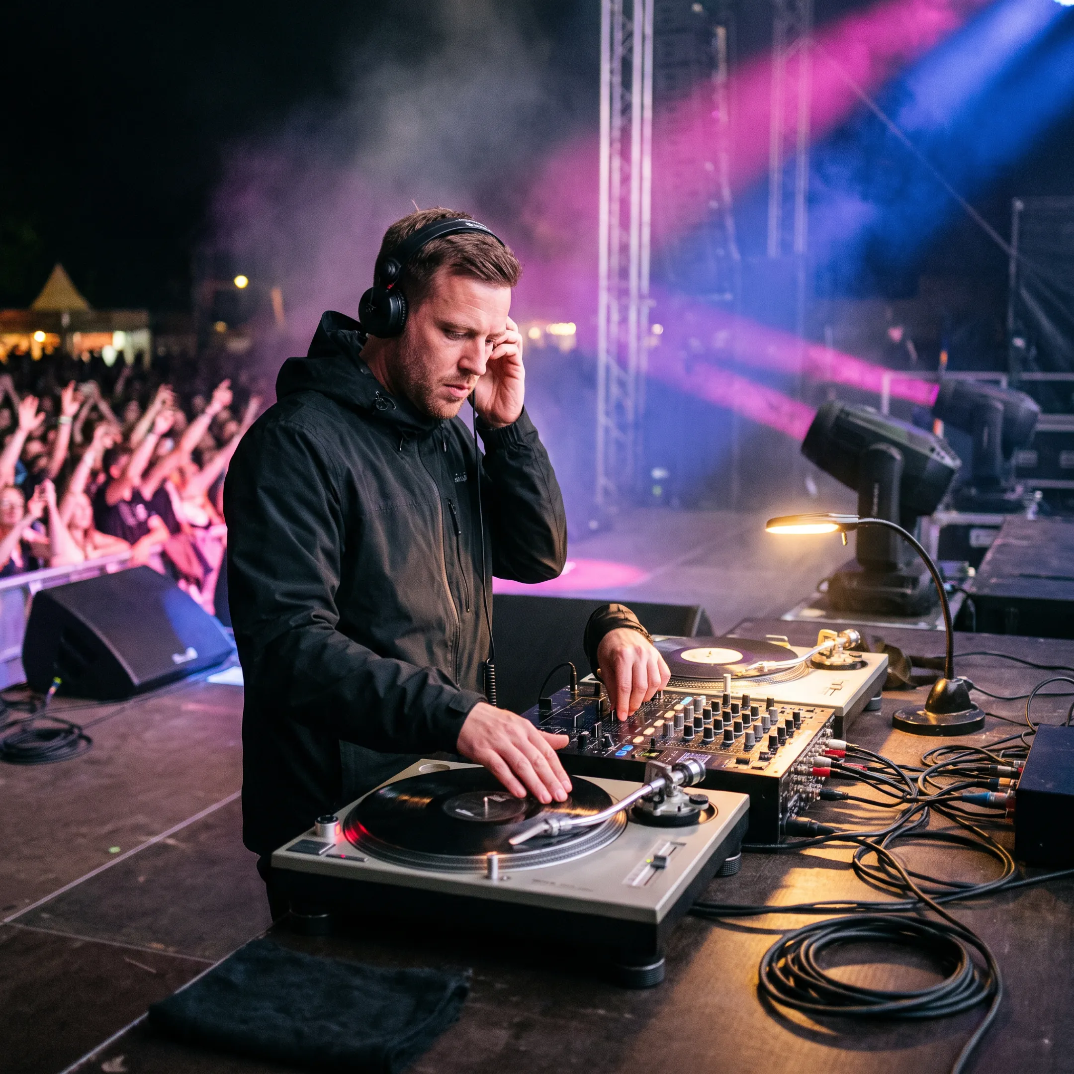 Live event DJ performing on stage before an energetic crowd at a music concert venue