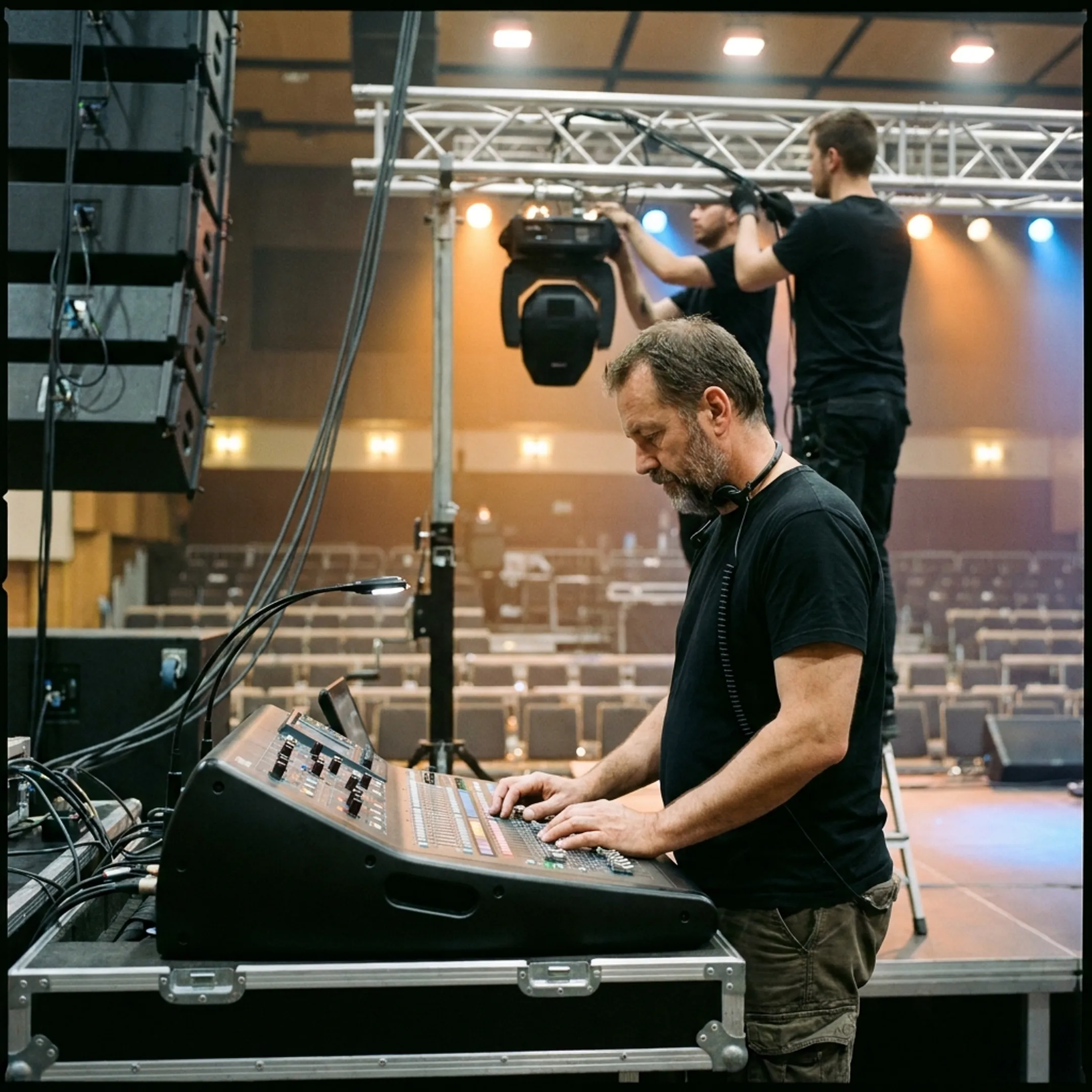 Live concert stage production with lighting rigs and audio management