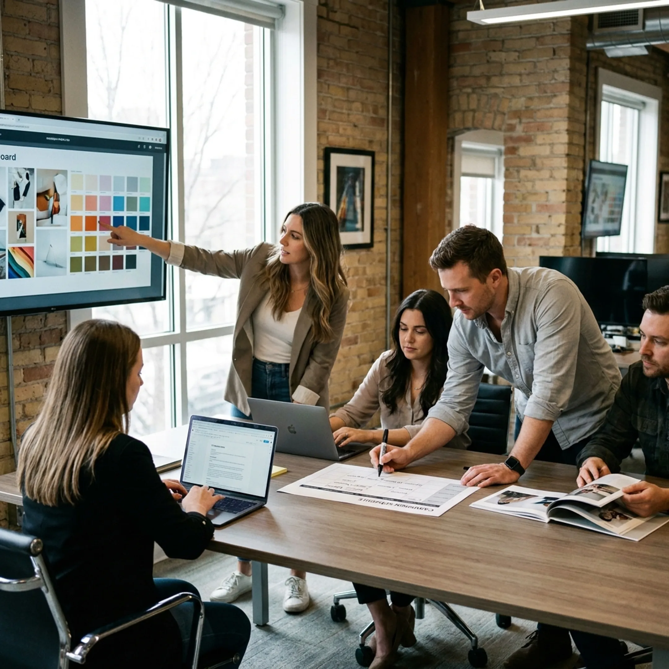 Creative brand strategy team collaborating in a modern office space