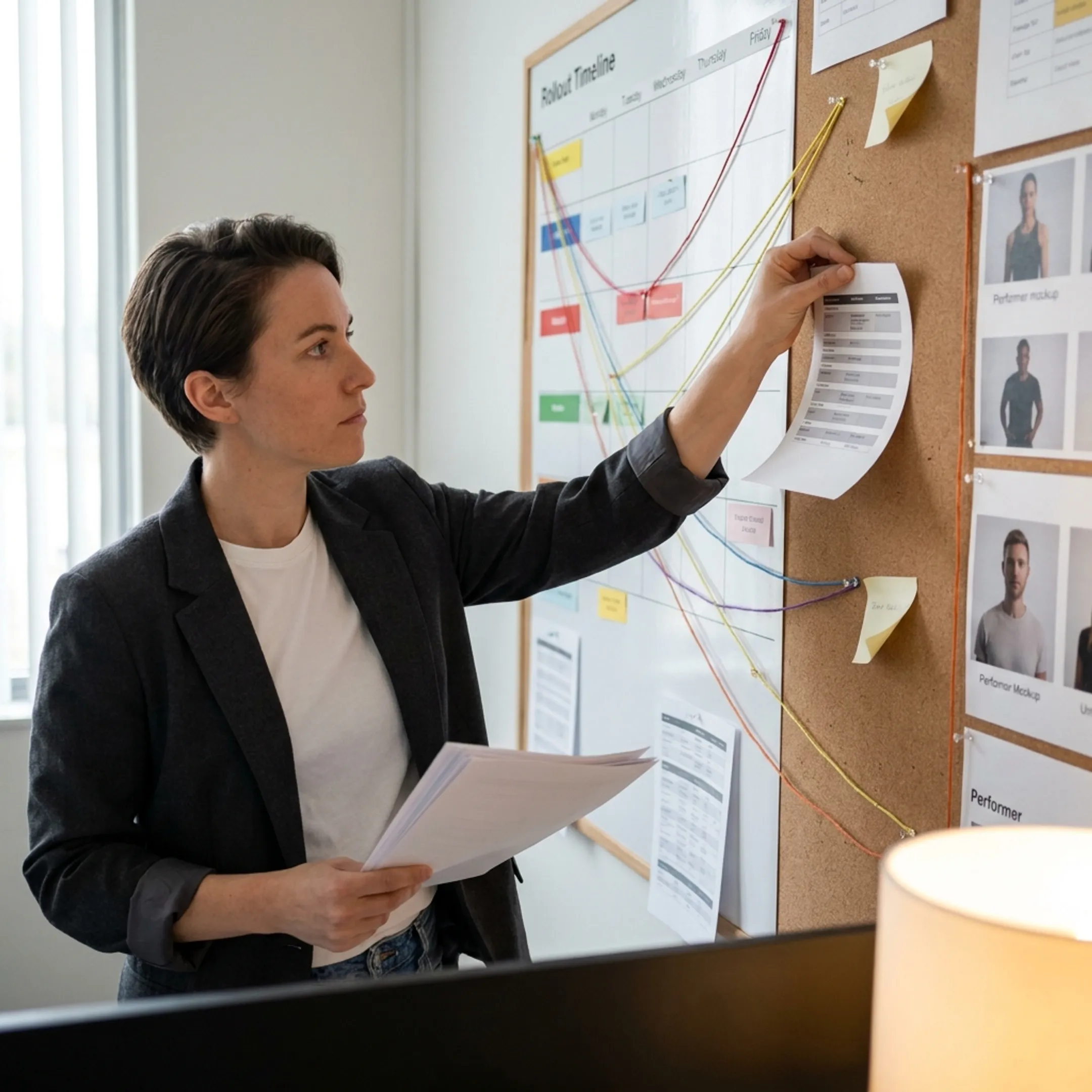Creative director mapping content rollout timelines on a planning board