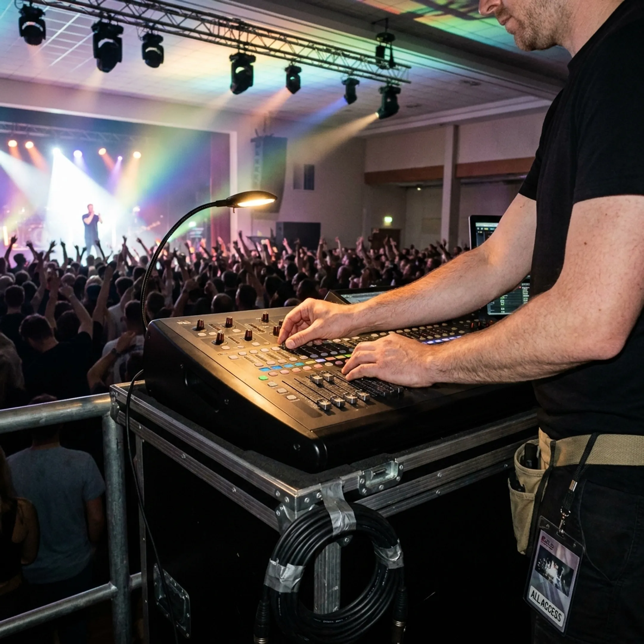 Sound engineer mixing audio at an arena concert tour