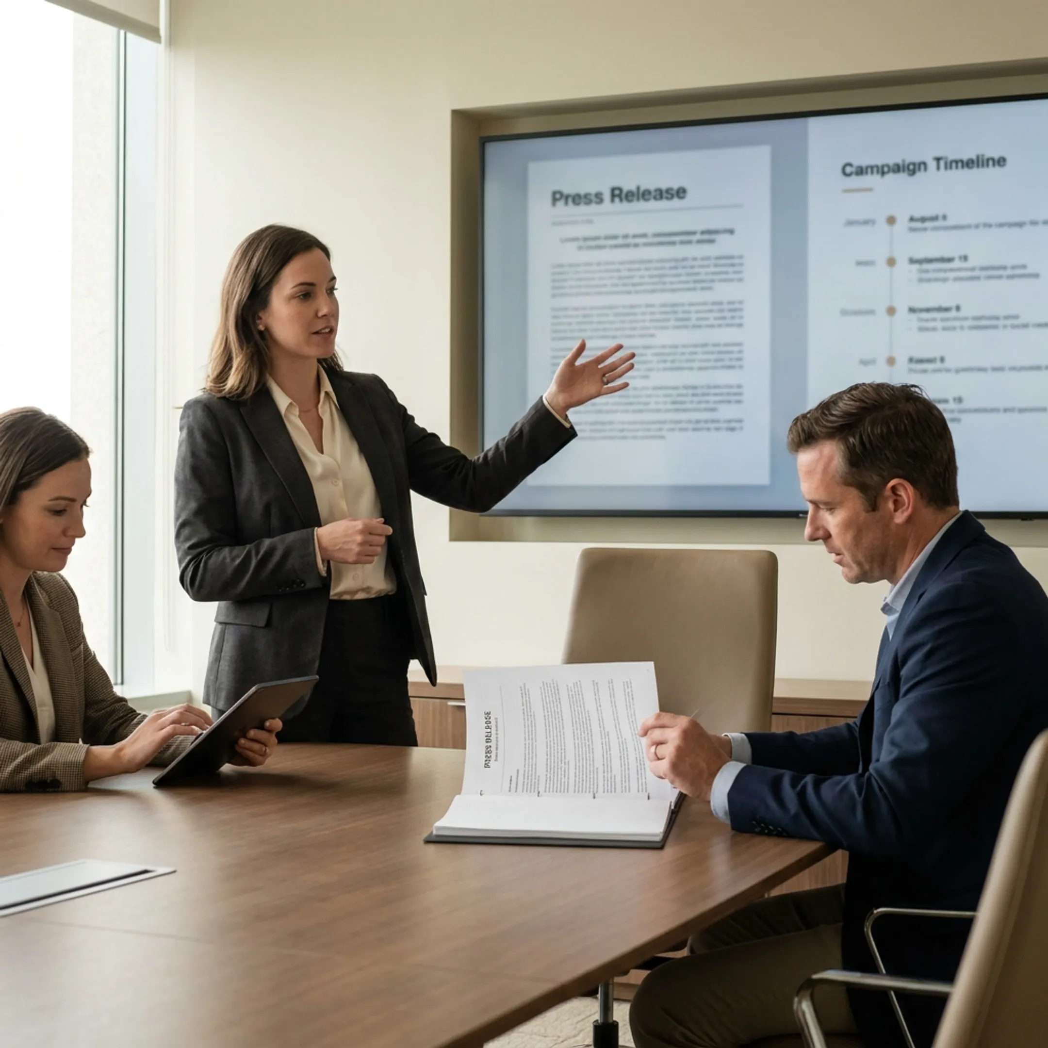 Entertainment public relations team reviewing promotional media strategy