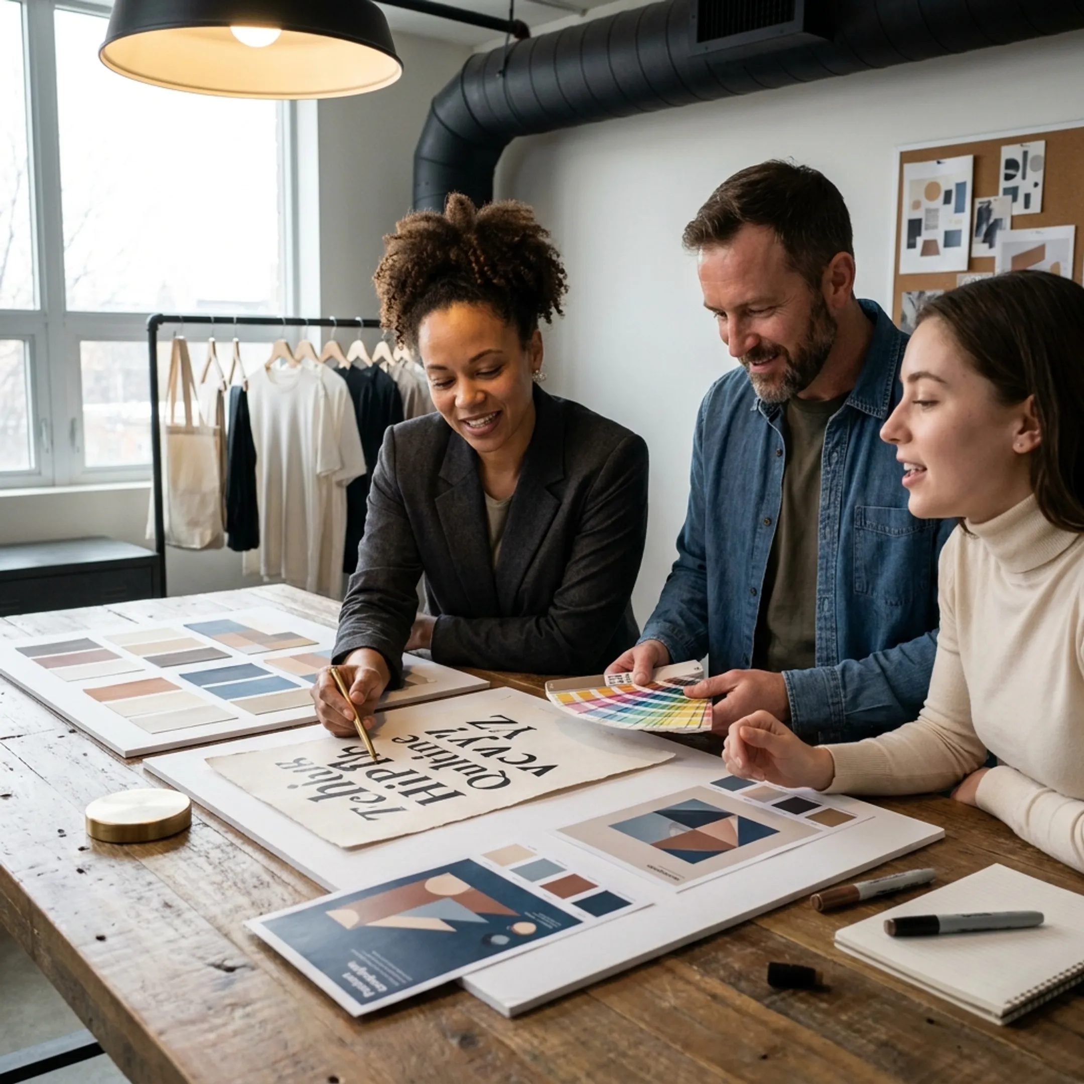 Creative branding experts collaborating on visual strategy and brand positioning in a modern studio