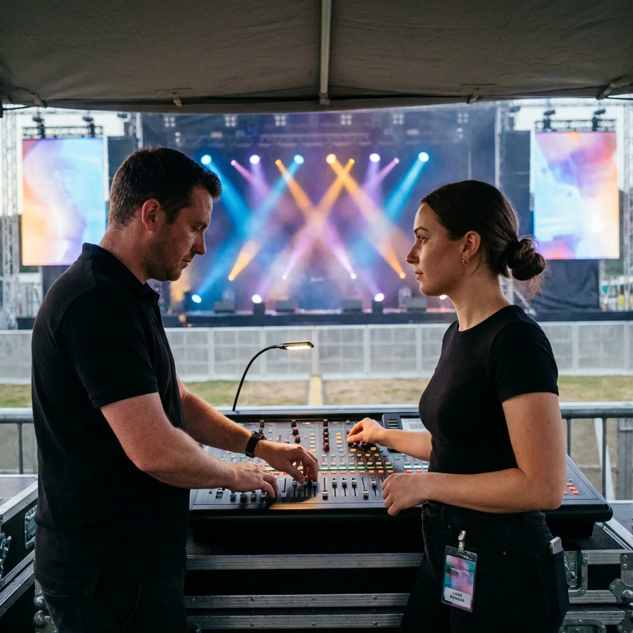Audio and lighting technicians managing an event control board