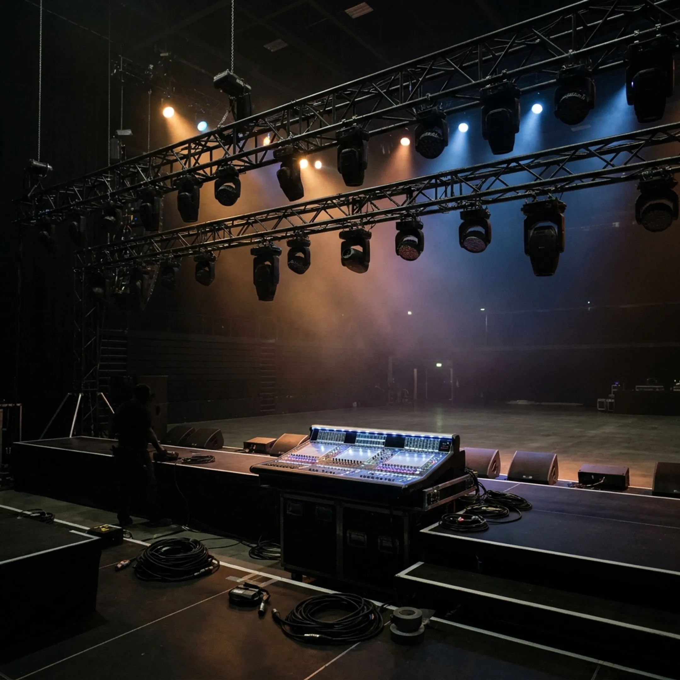 Live concert stage production with lighting rigs and sound engineering setup
