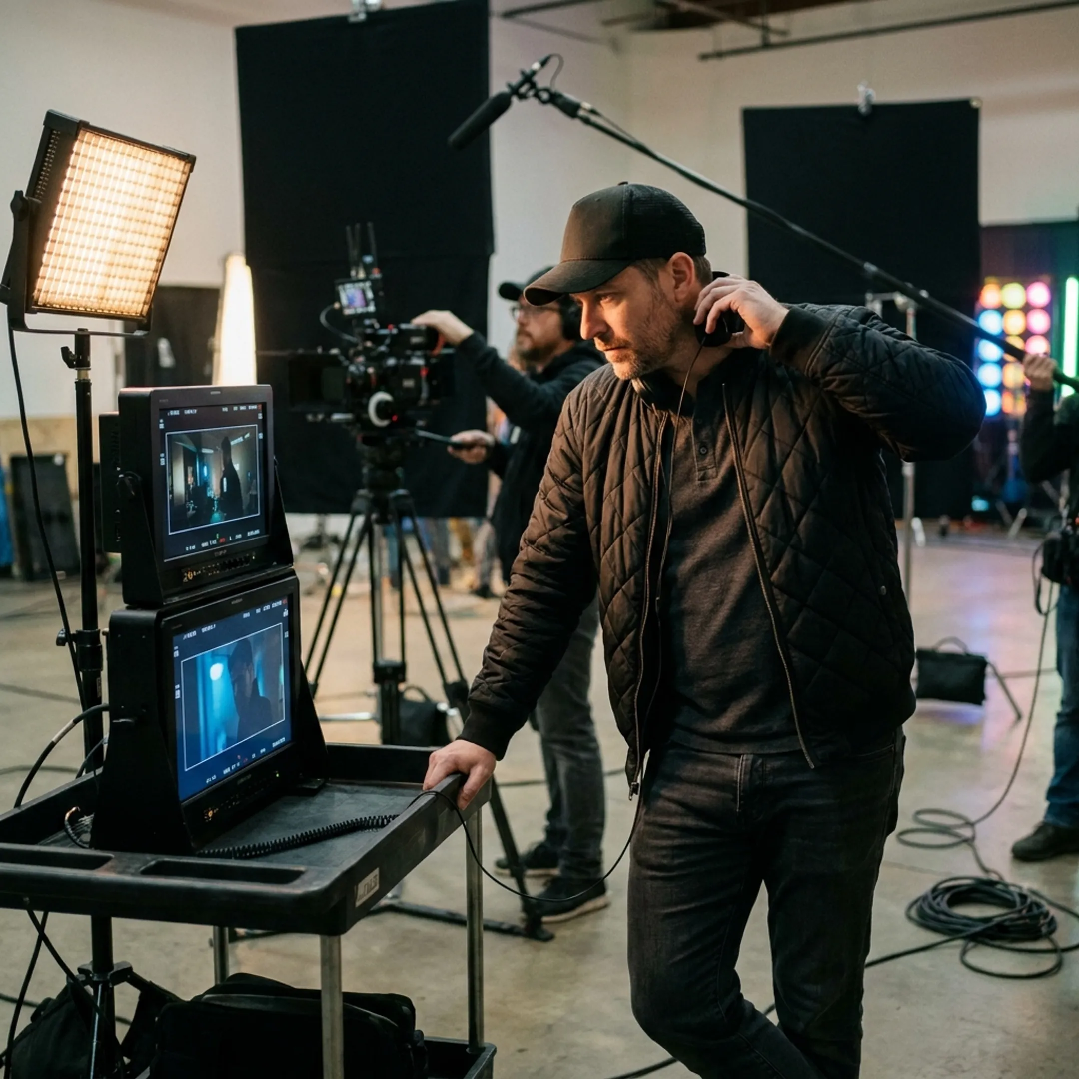 Director and crew reviewing music video footage on production monitor