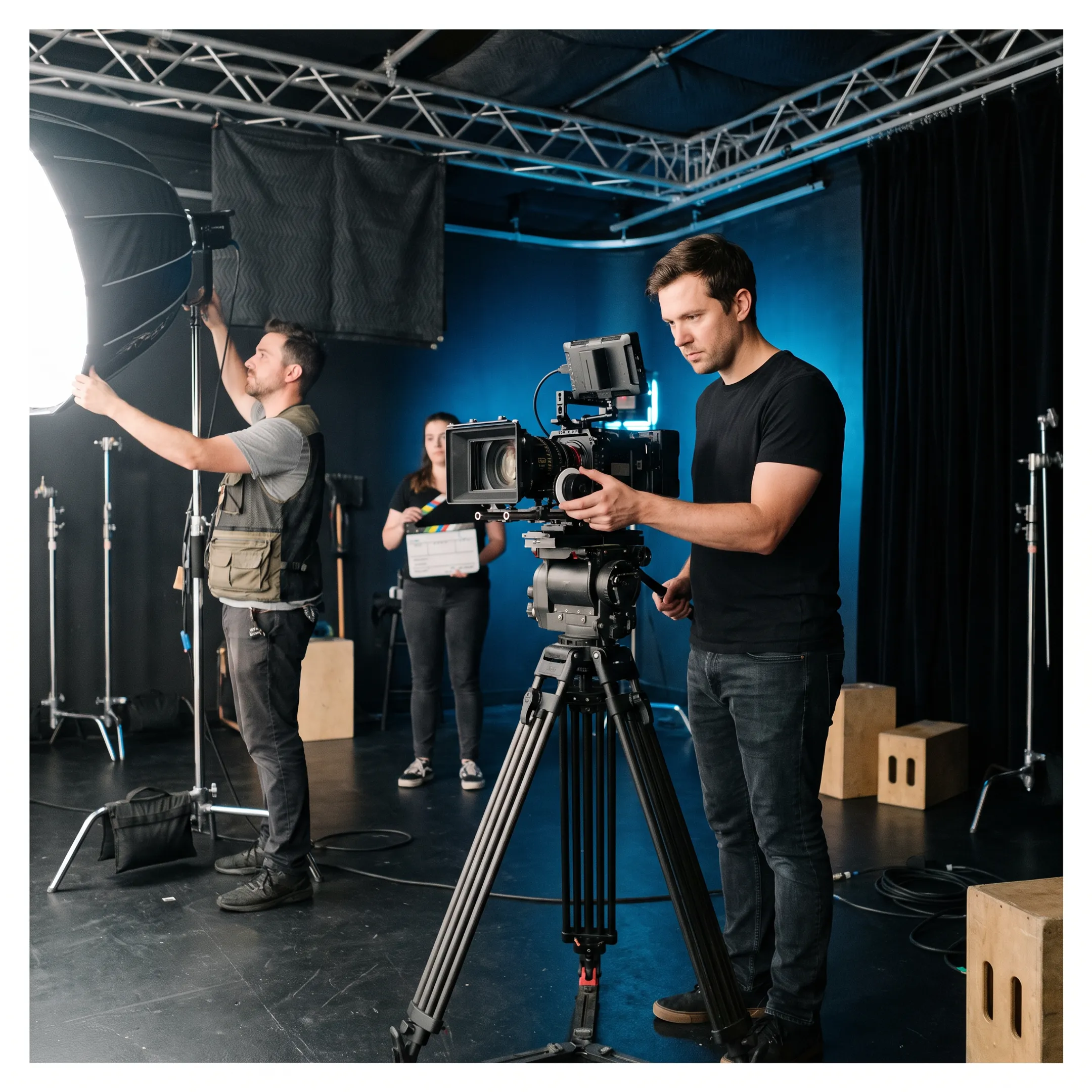 Professional camera crew filming a high-end music video production set