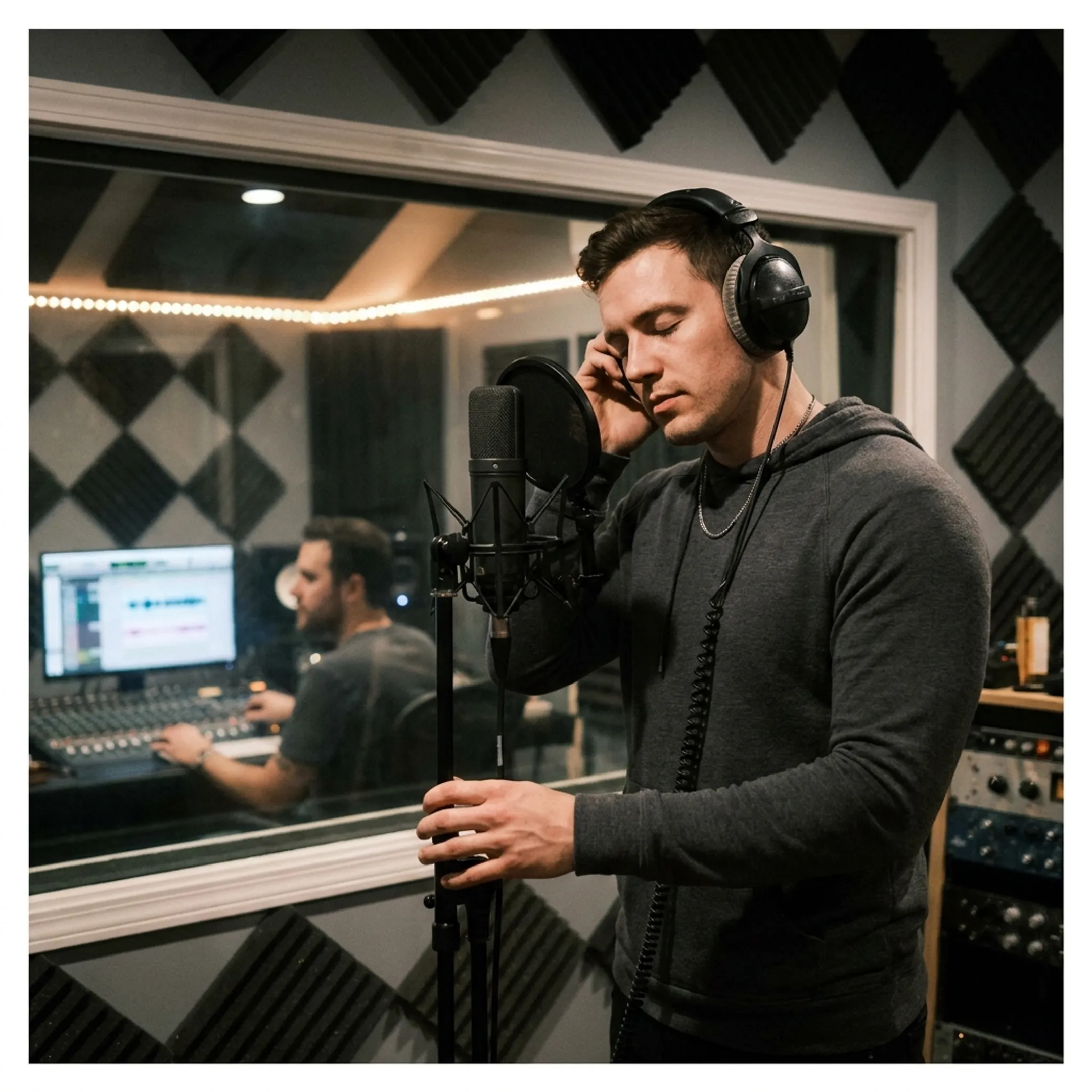 Music artist performing in a professional recording studio