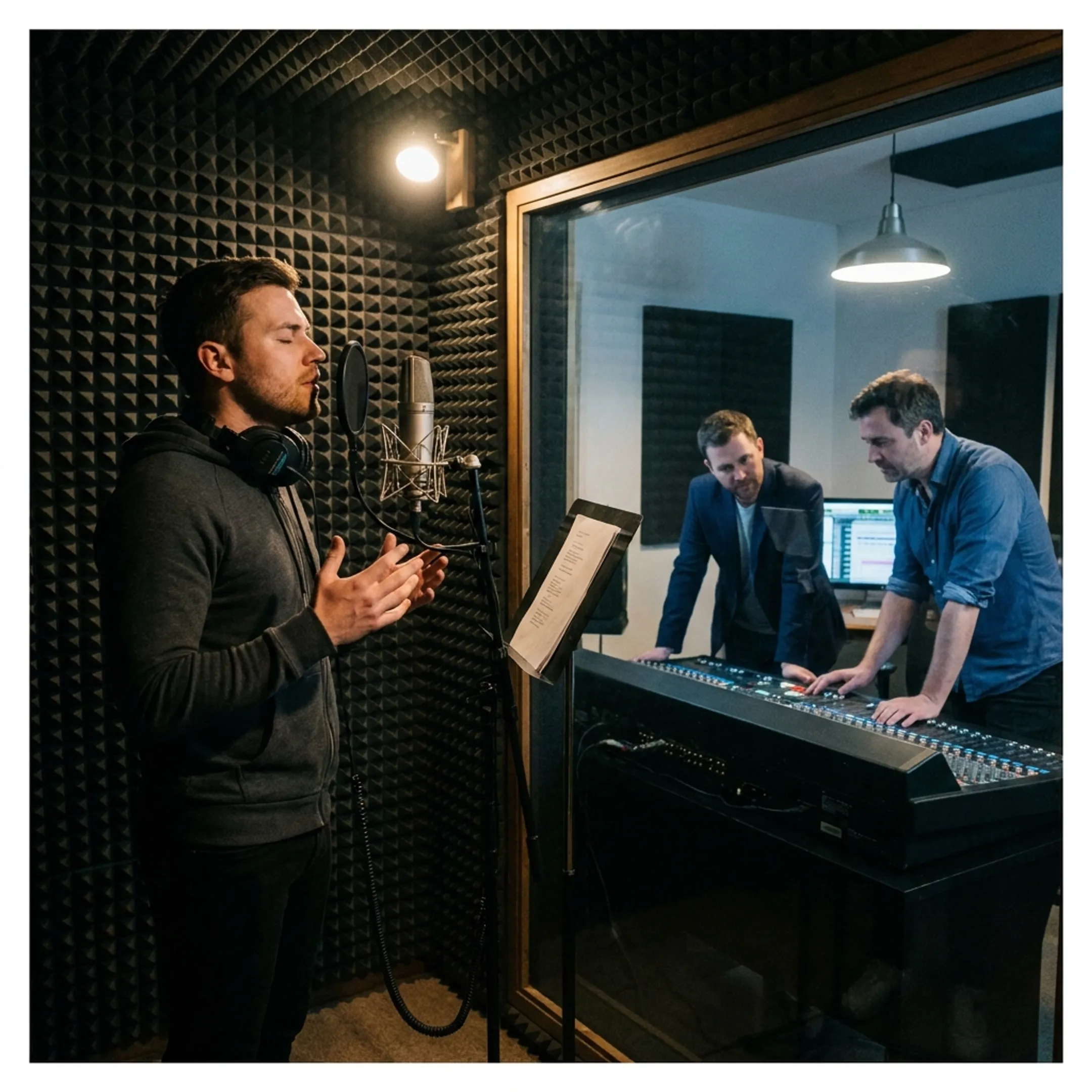 Music artist recording vocals in a professional studio setting with management team reviewing performance