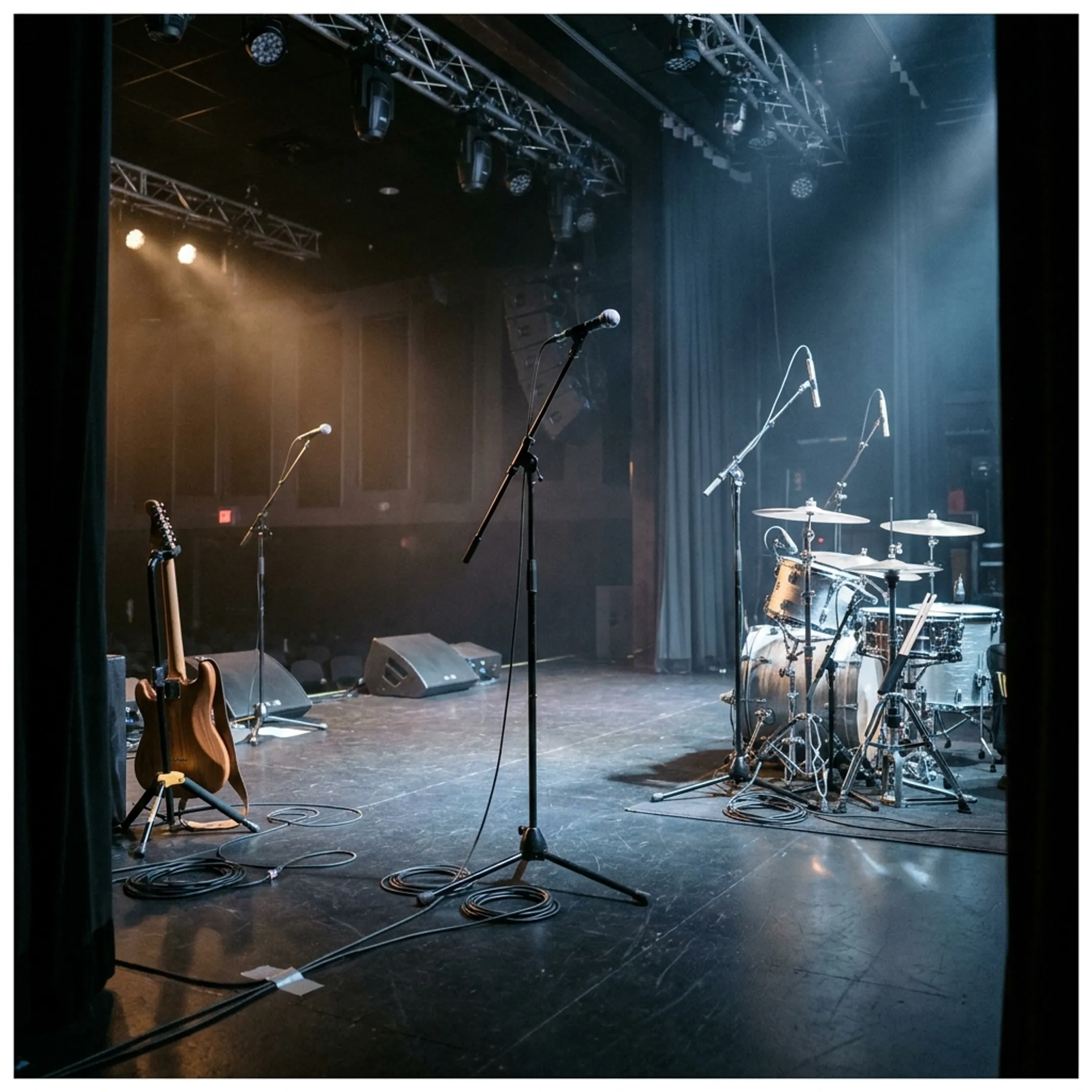 Concert stage with microphones and instruments prepared for an independent artist performance