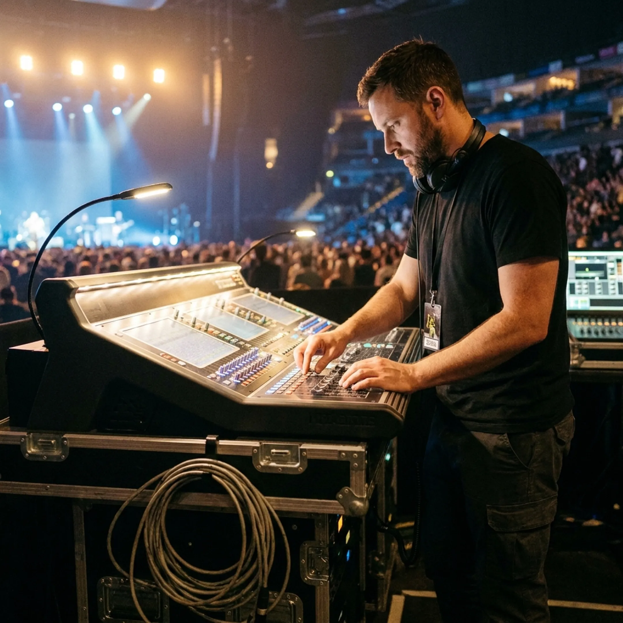 Sound engineer and booking agent collaborating behind a mixing console at a live music venue