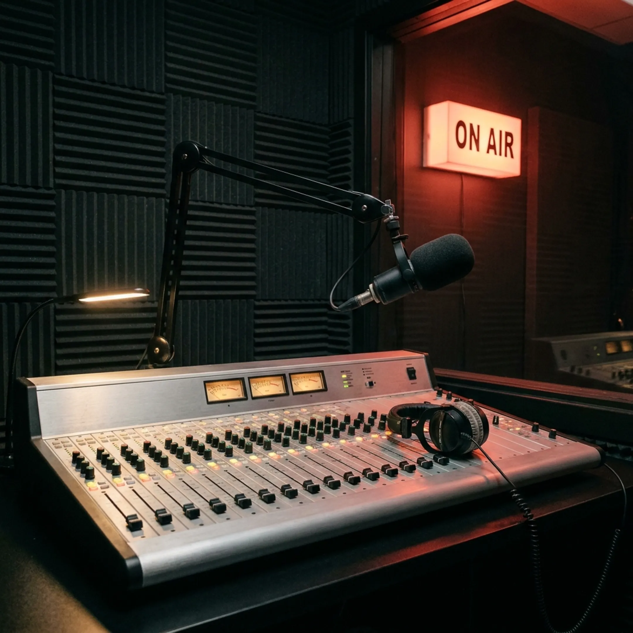 Radio distribution studio broadcast console and microphone setup