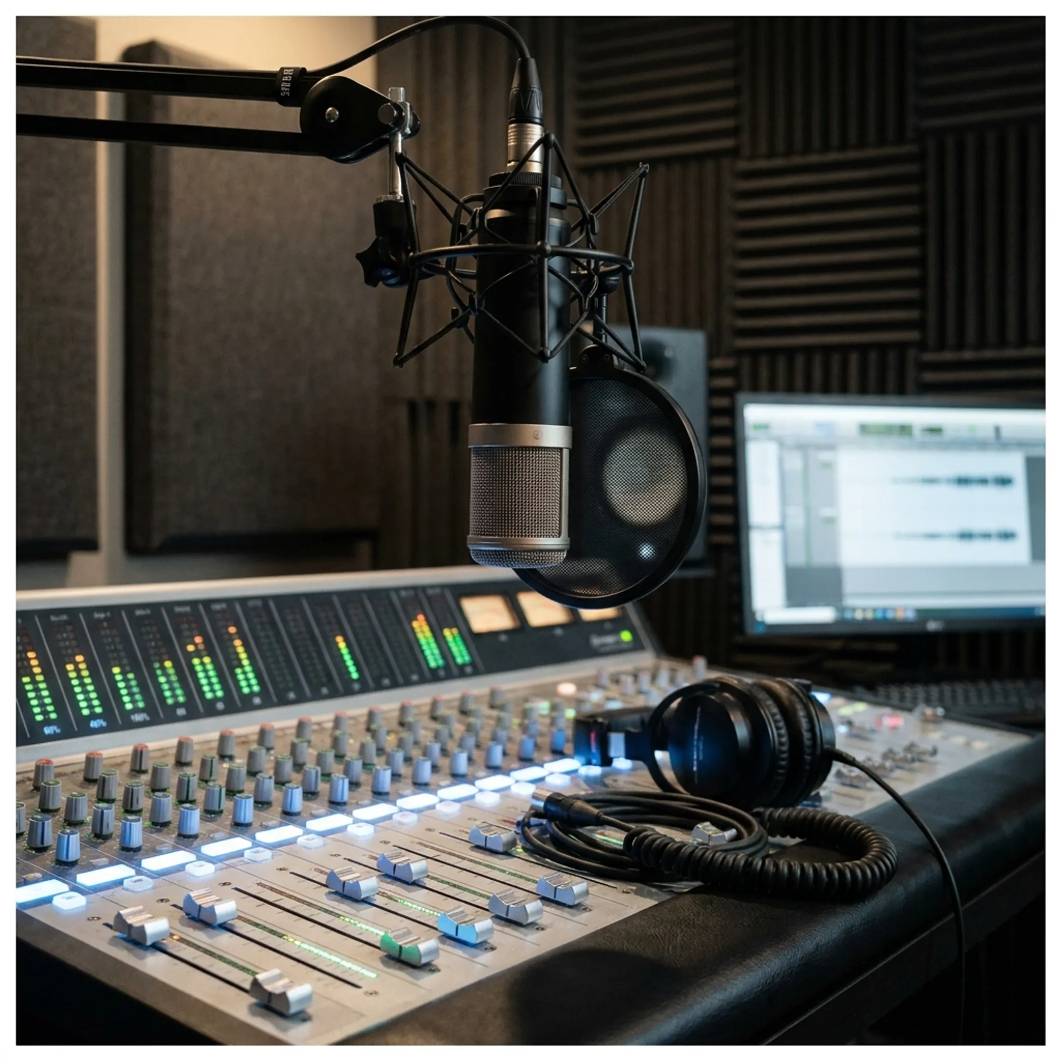 Professional broadcast studio microphone and audio mixing console for music radio promotion