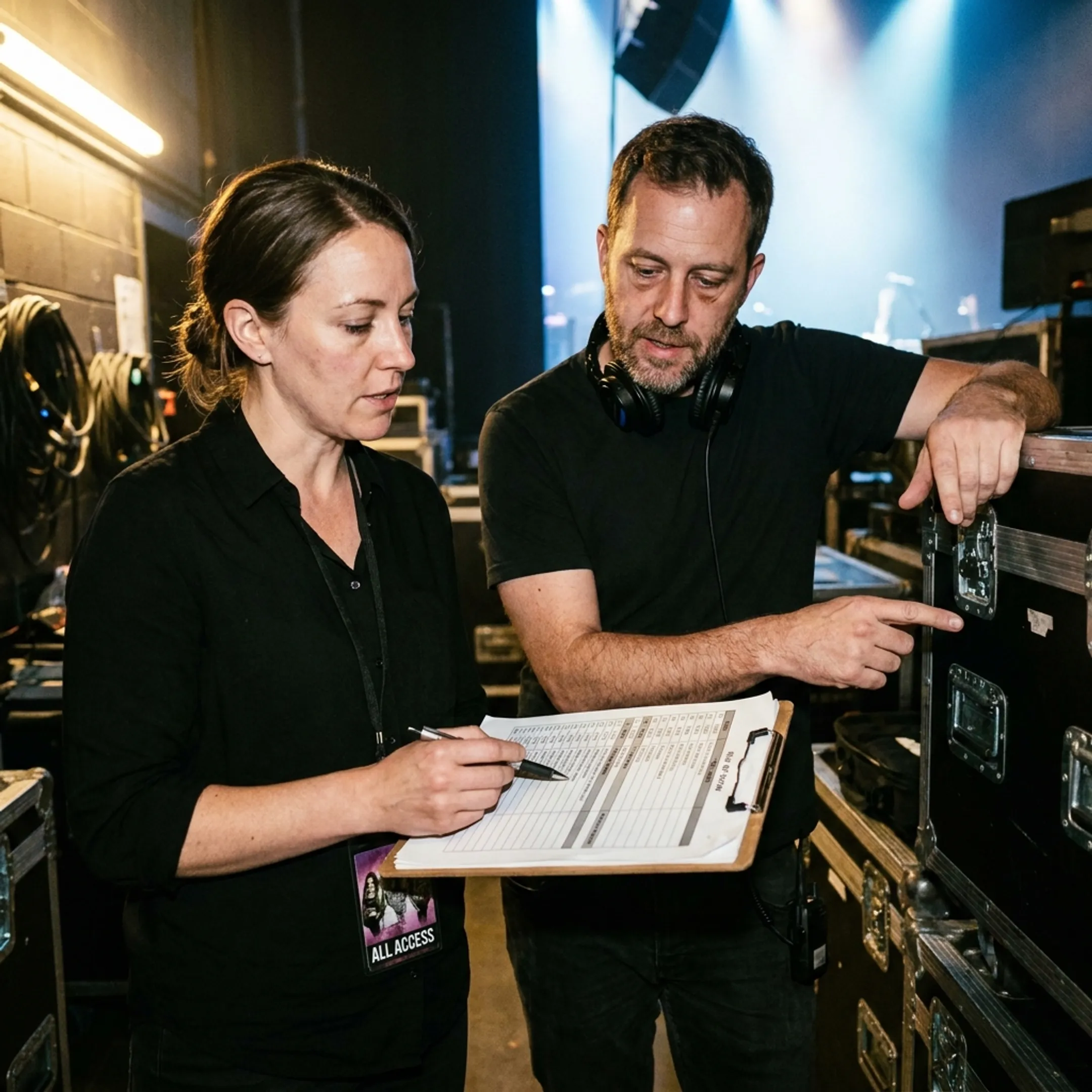 Music production team planning stage logistics for an international tour