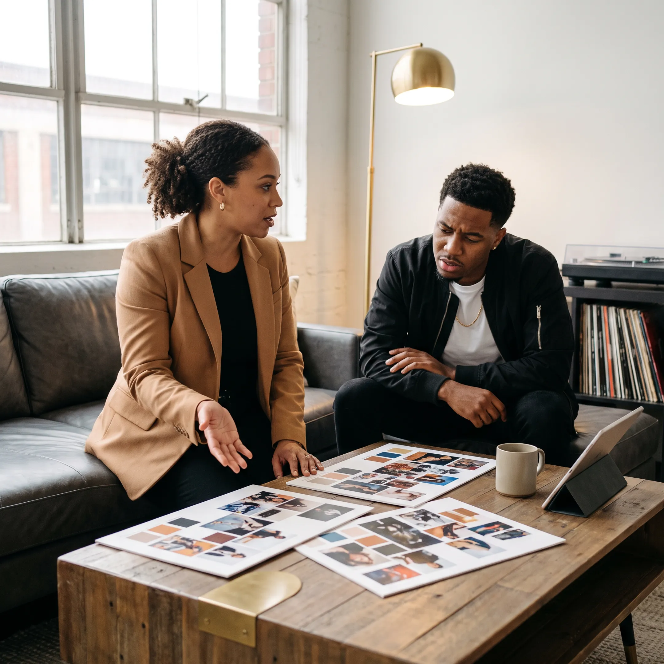 Entertainment PR professional discussing campaign positioning with an artist