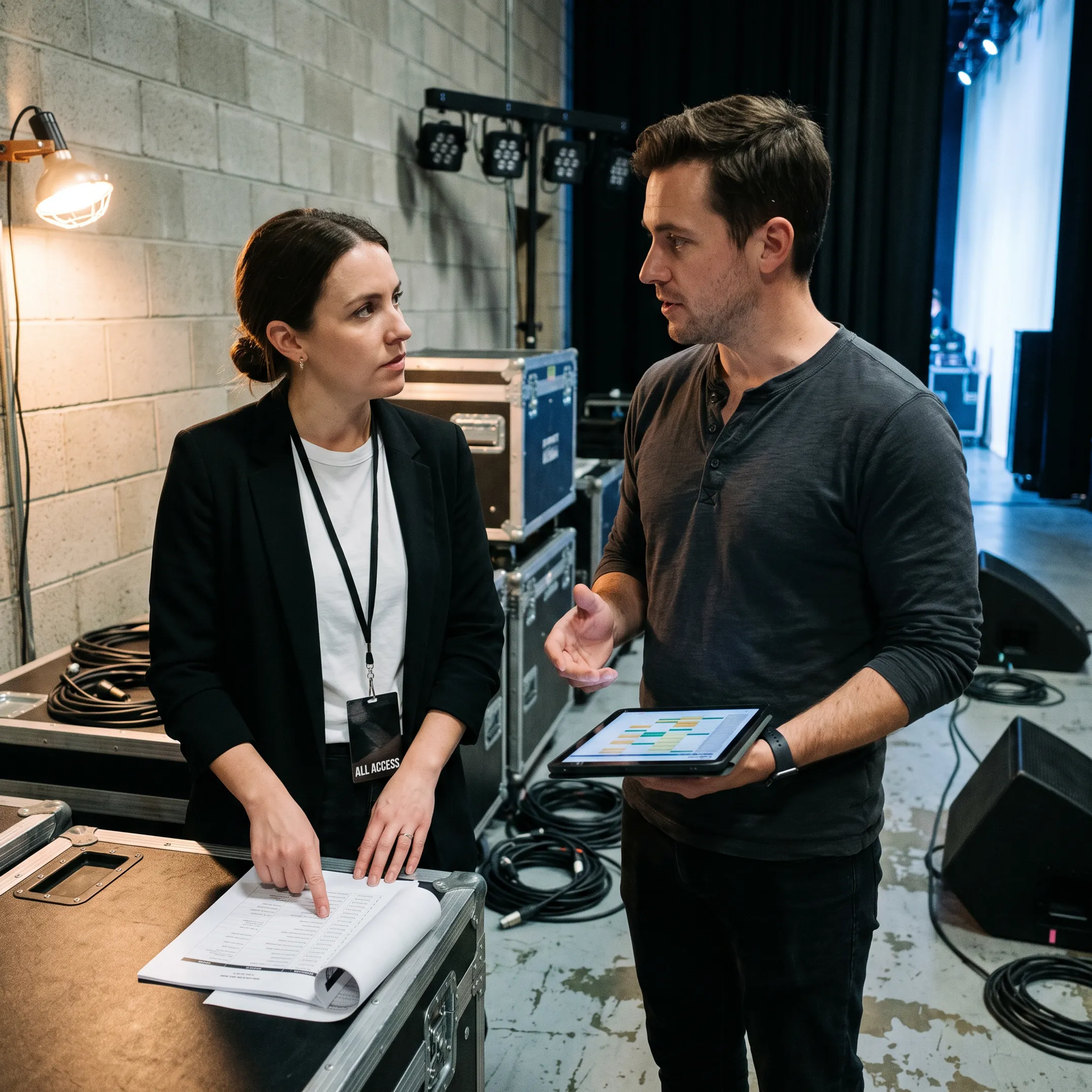 Live concert production team reviewing touring plans backstage