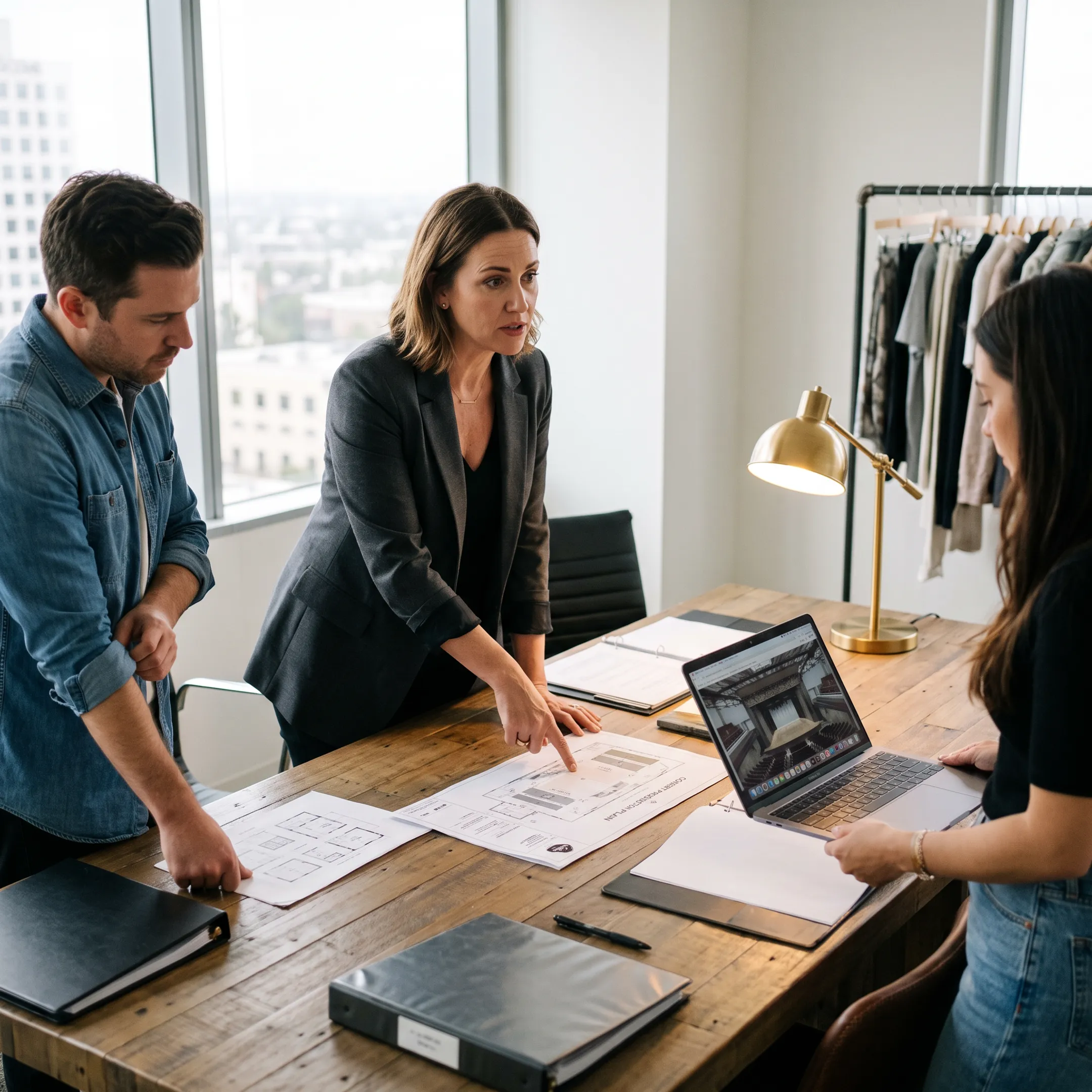 Event producer reviewing a concert plan with a creative team in Los Angeles