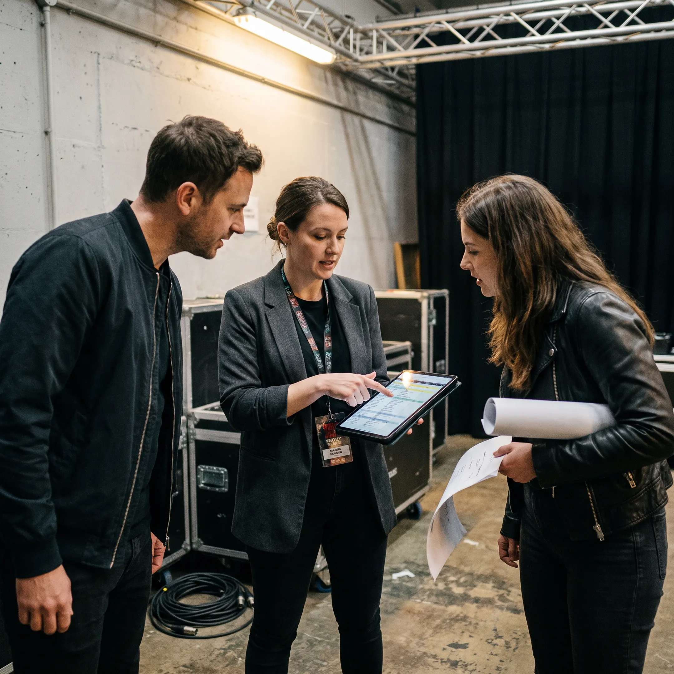 Concert organizer reviewing event plans with artist representatives backstage