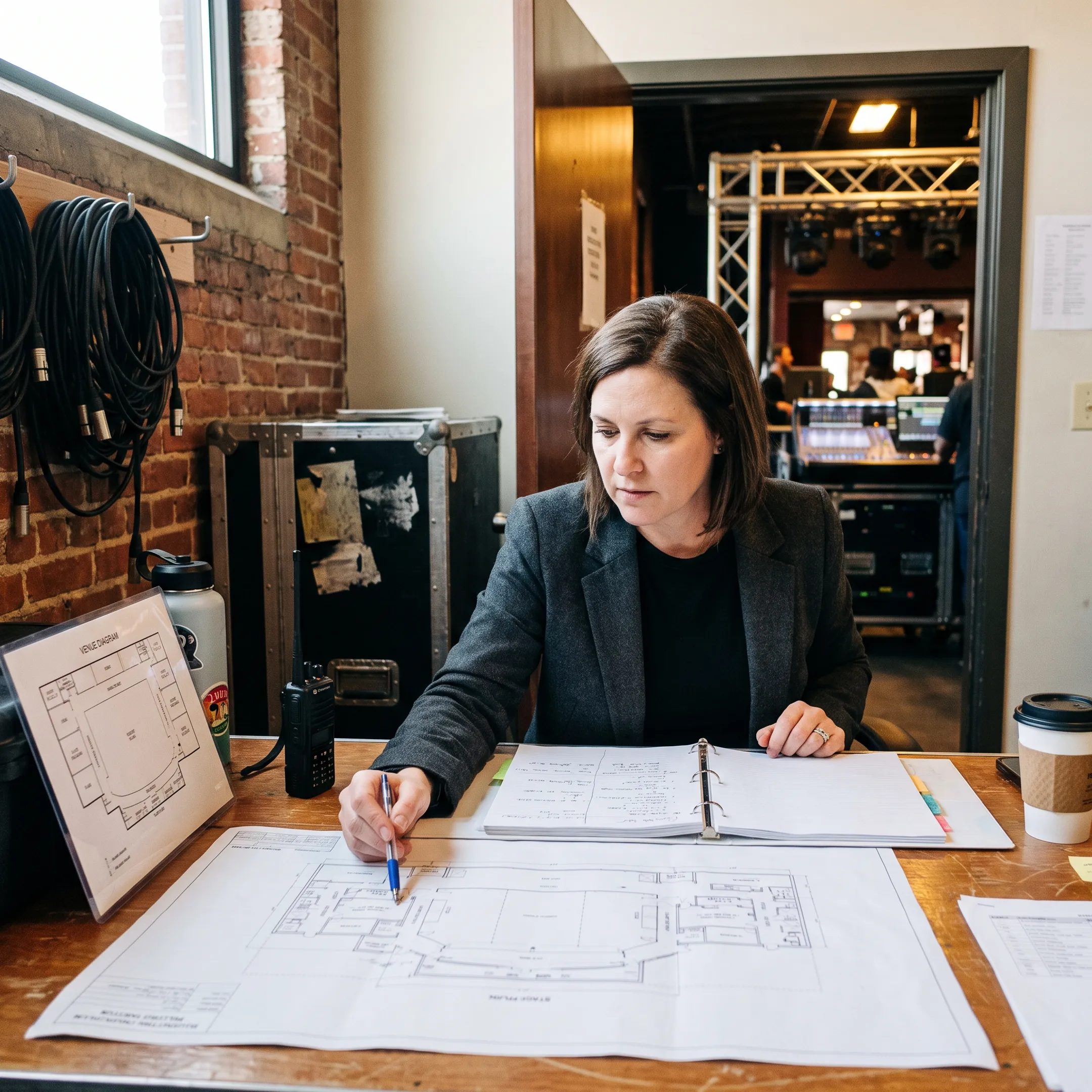 Producer planning a Nashville entertainment event with stage plans and production notes