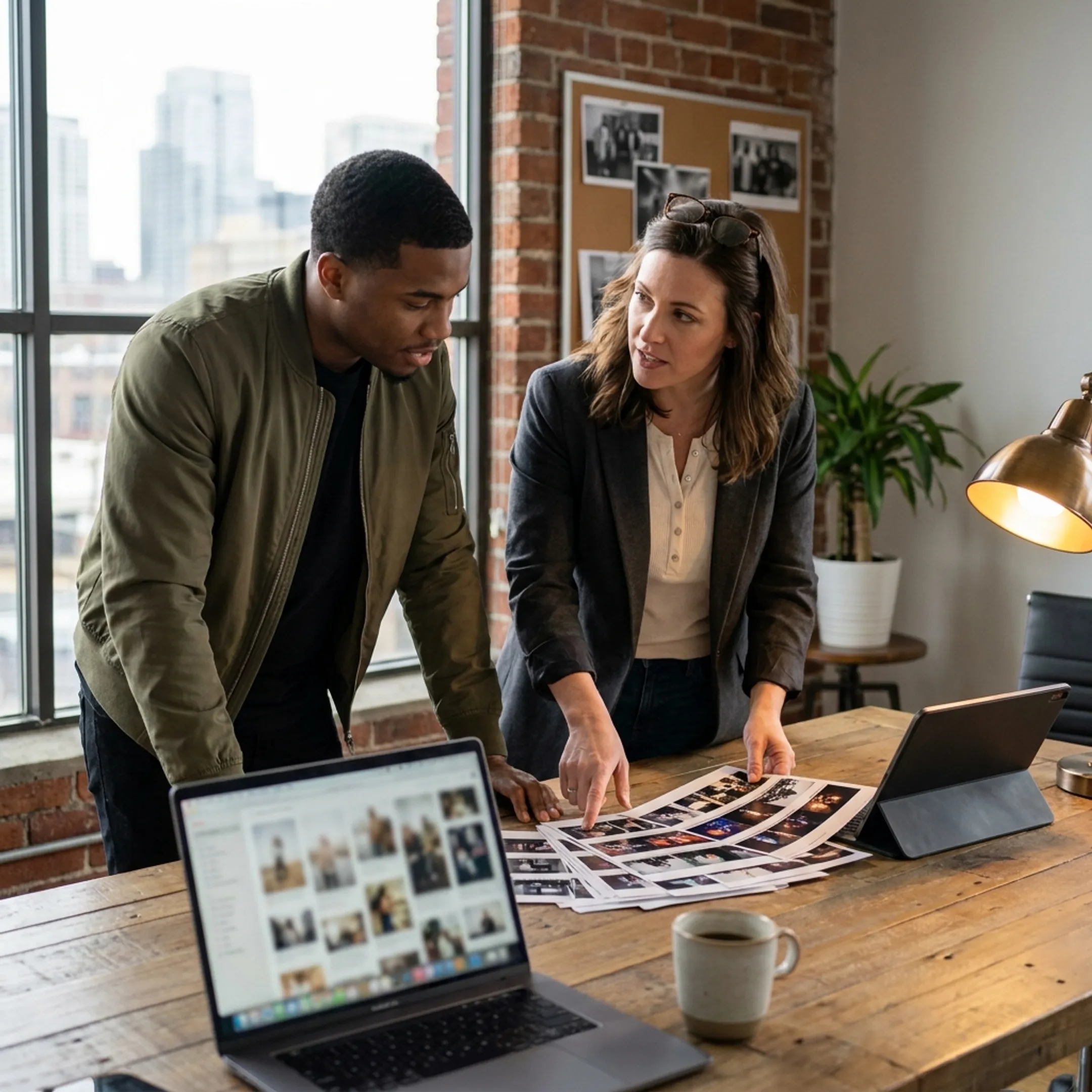 Independent artist reviewing a music video promotion campaign with an entertainment marketing strategist