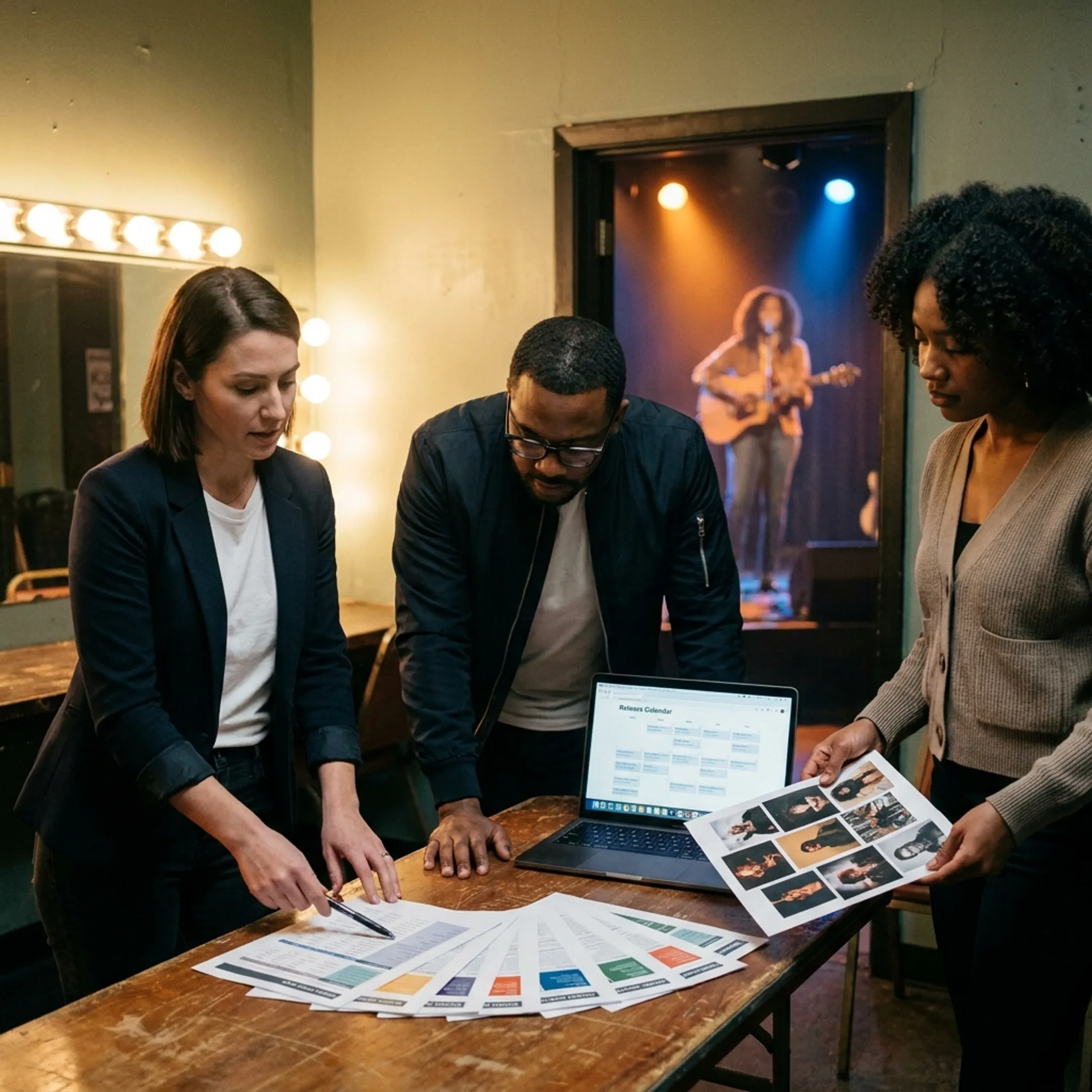 Independent artist performing while a promotion team coordinates music campaign materials