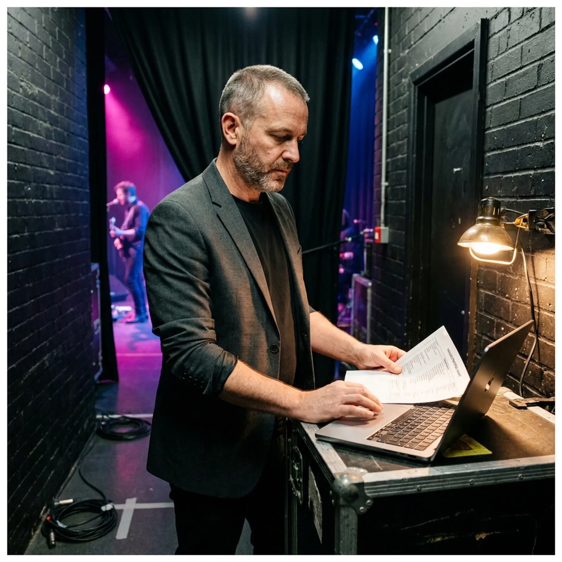 Solo artist performing onstage while a music manager reviews booking plans backstage